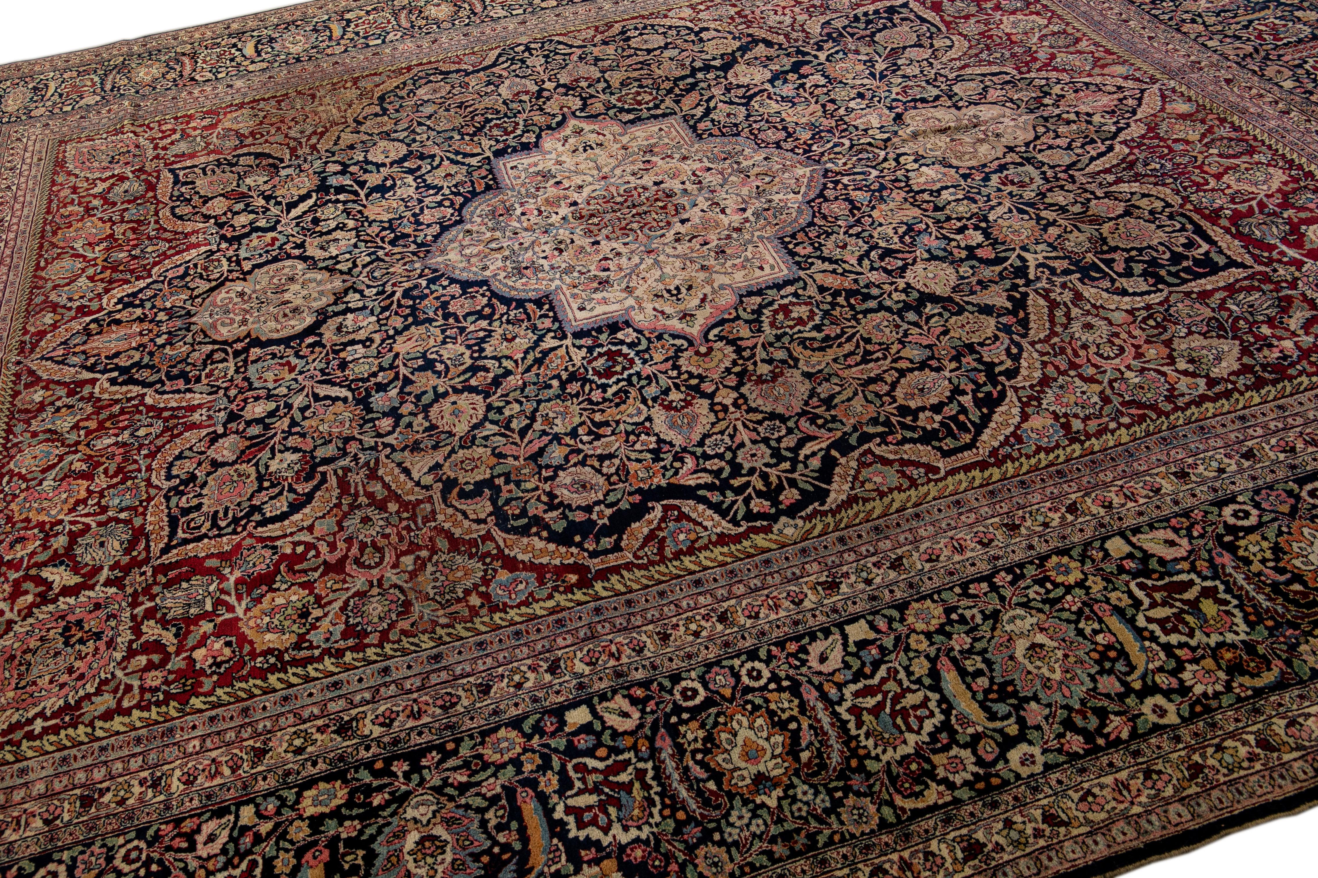 Antique Tabriz Persian Handmade Blue and Red Medallion Oversize Wool Rug In Excellent Condition For Sale In Norwalk, CT