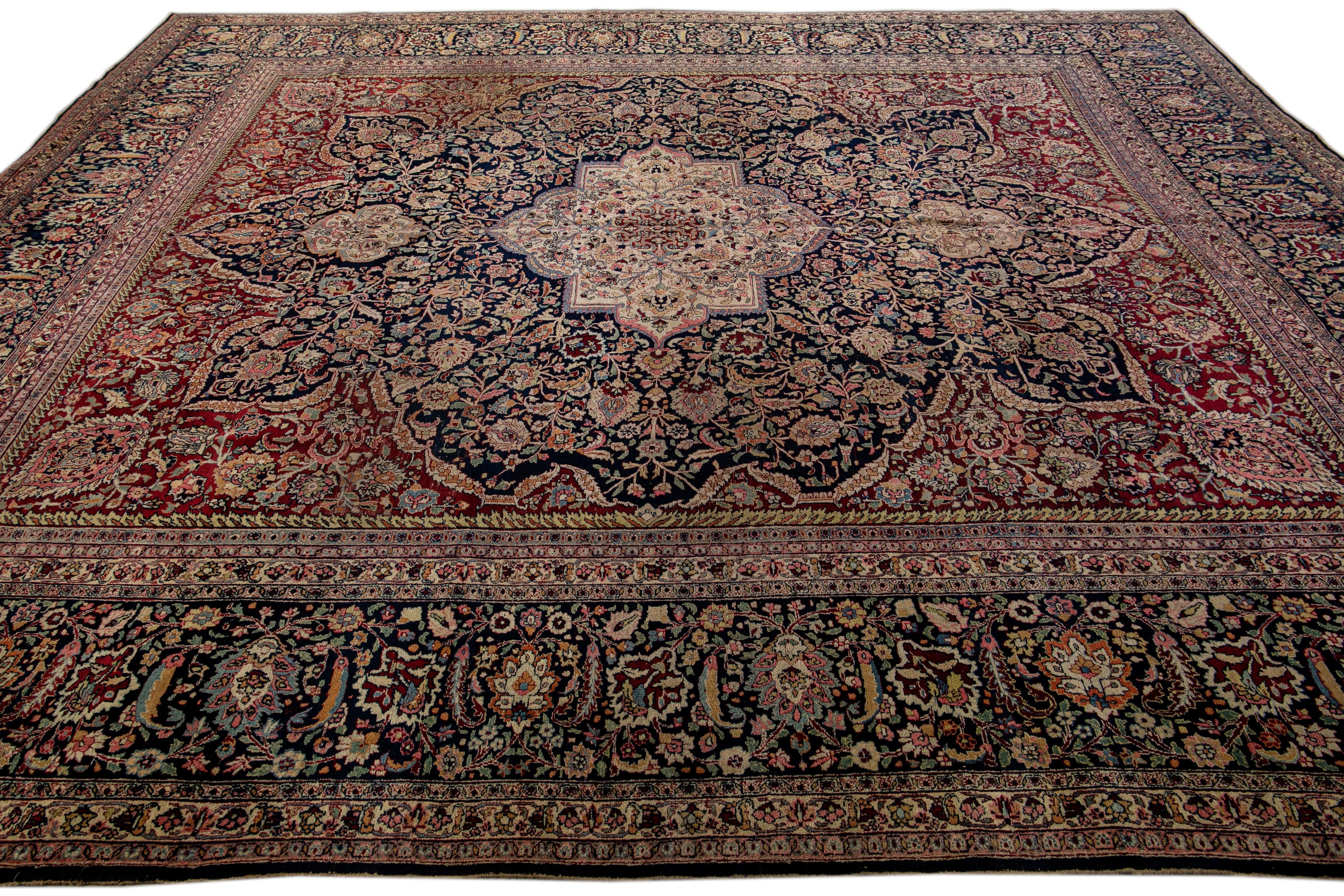 Antique Tabriz Persian Handmade Blue and Red Medallion Oversize Wool Rug For Sale 1