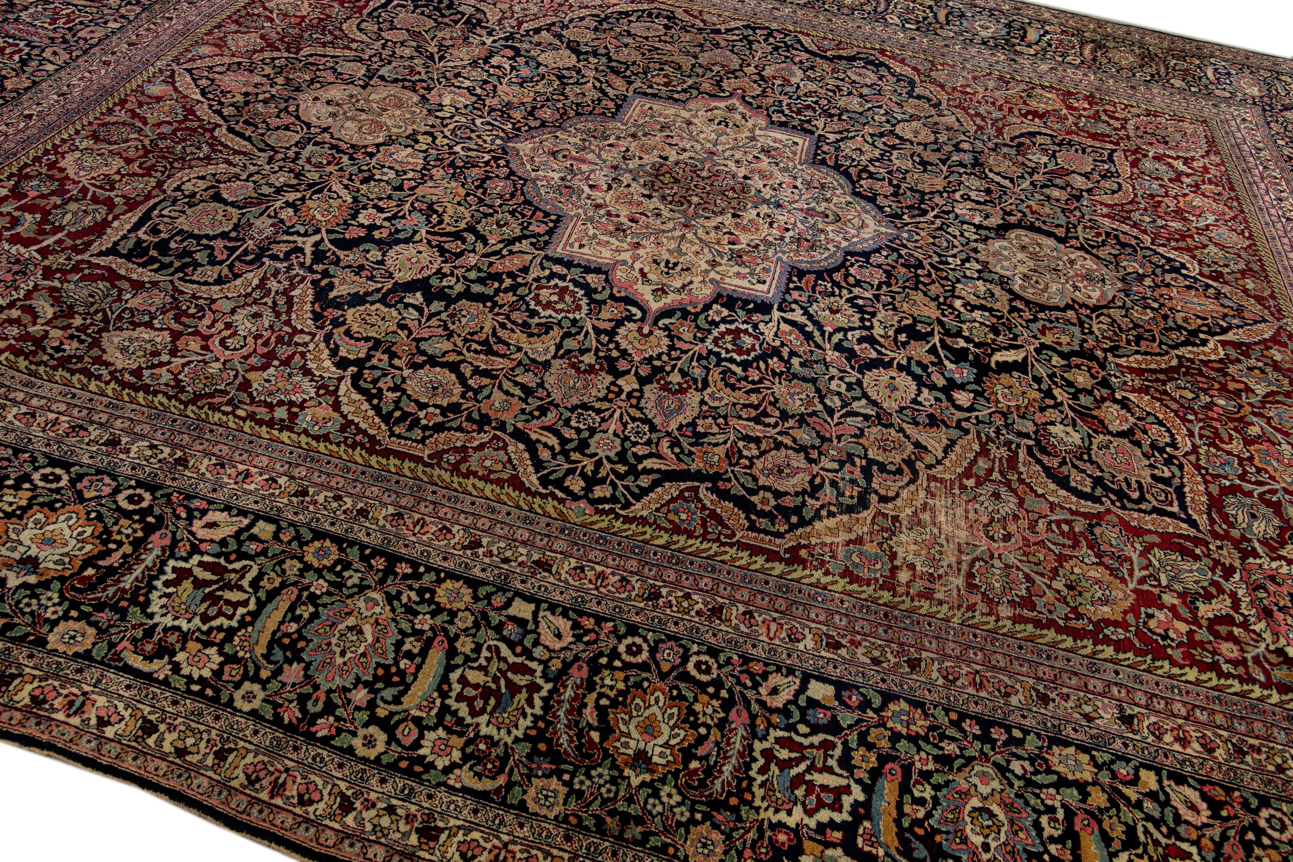 Antique Tabriz Persian Handmade Blue and Red Medallion Oversize Wool Rug For Sale 2