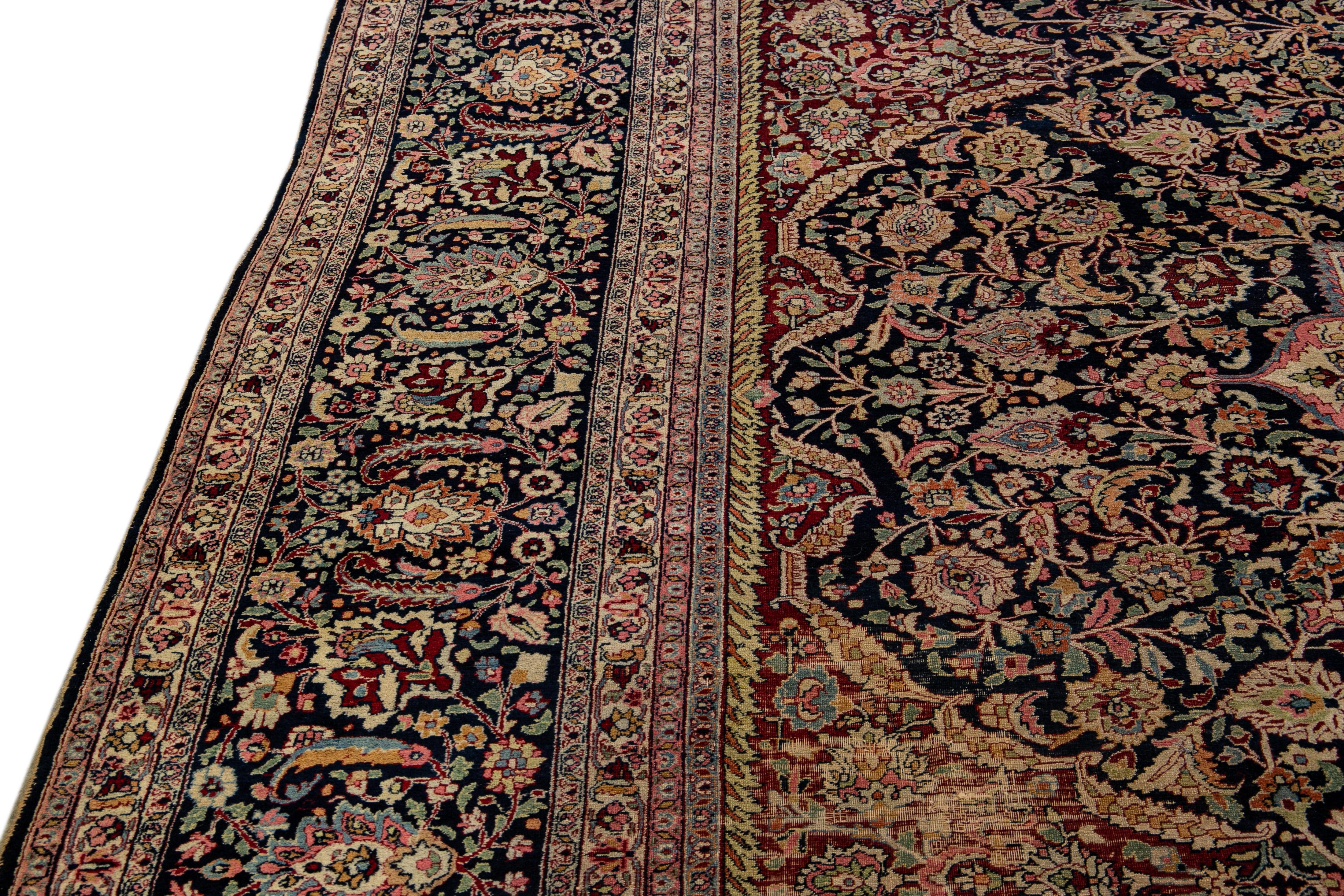 Antique Tabriz Persian Handmade Blue and Red Medallion Oversize Wool Rug For Sale 3