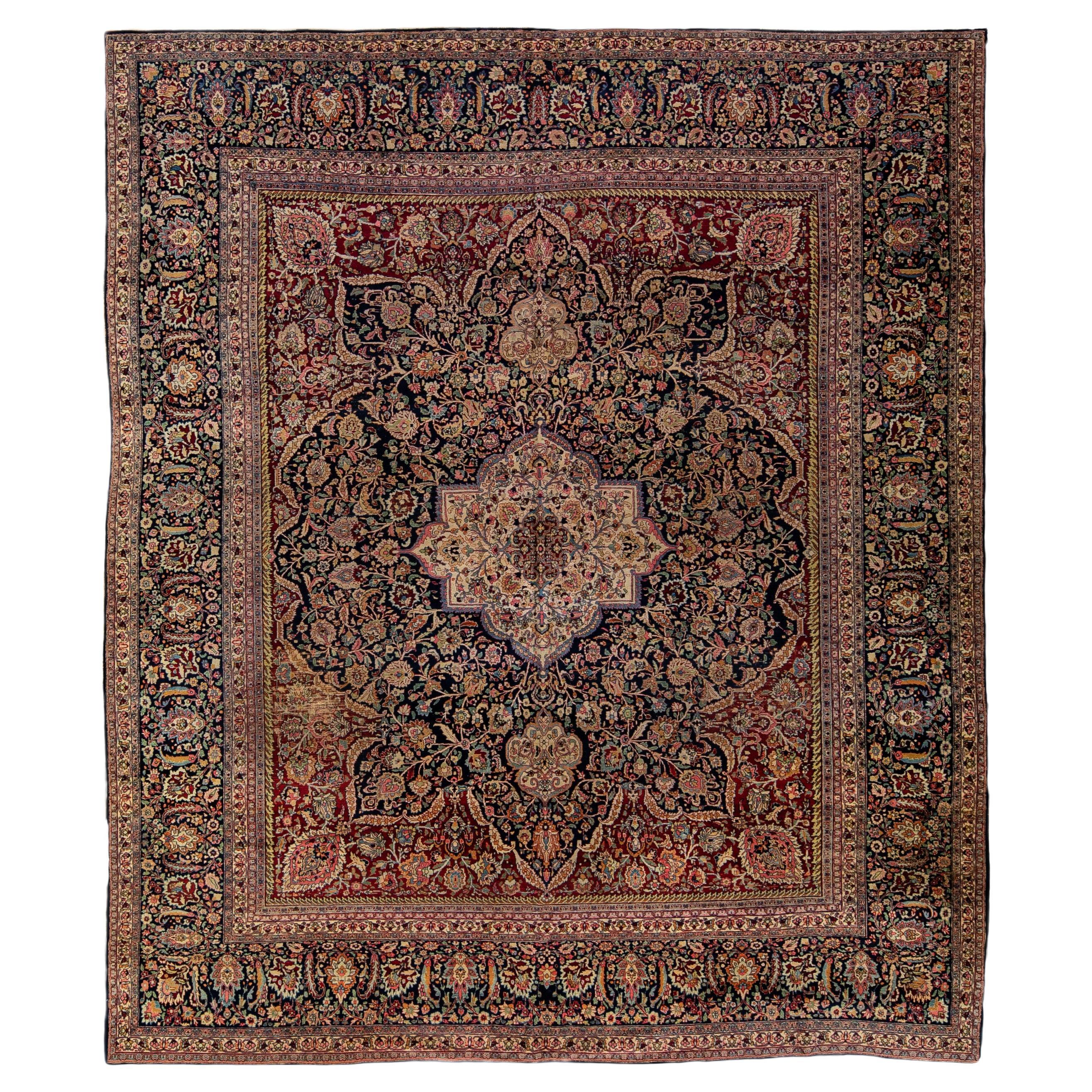 Antique Tabriz Persian Handmade Blue and Red Medallion Oversize Wool Rug For Sale