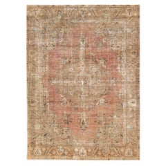 Antique Tabriz Persian Handmade Medallion Motif Peach Wool Rug
