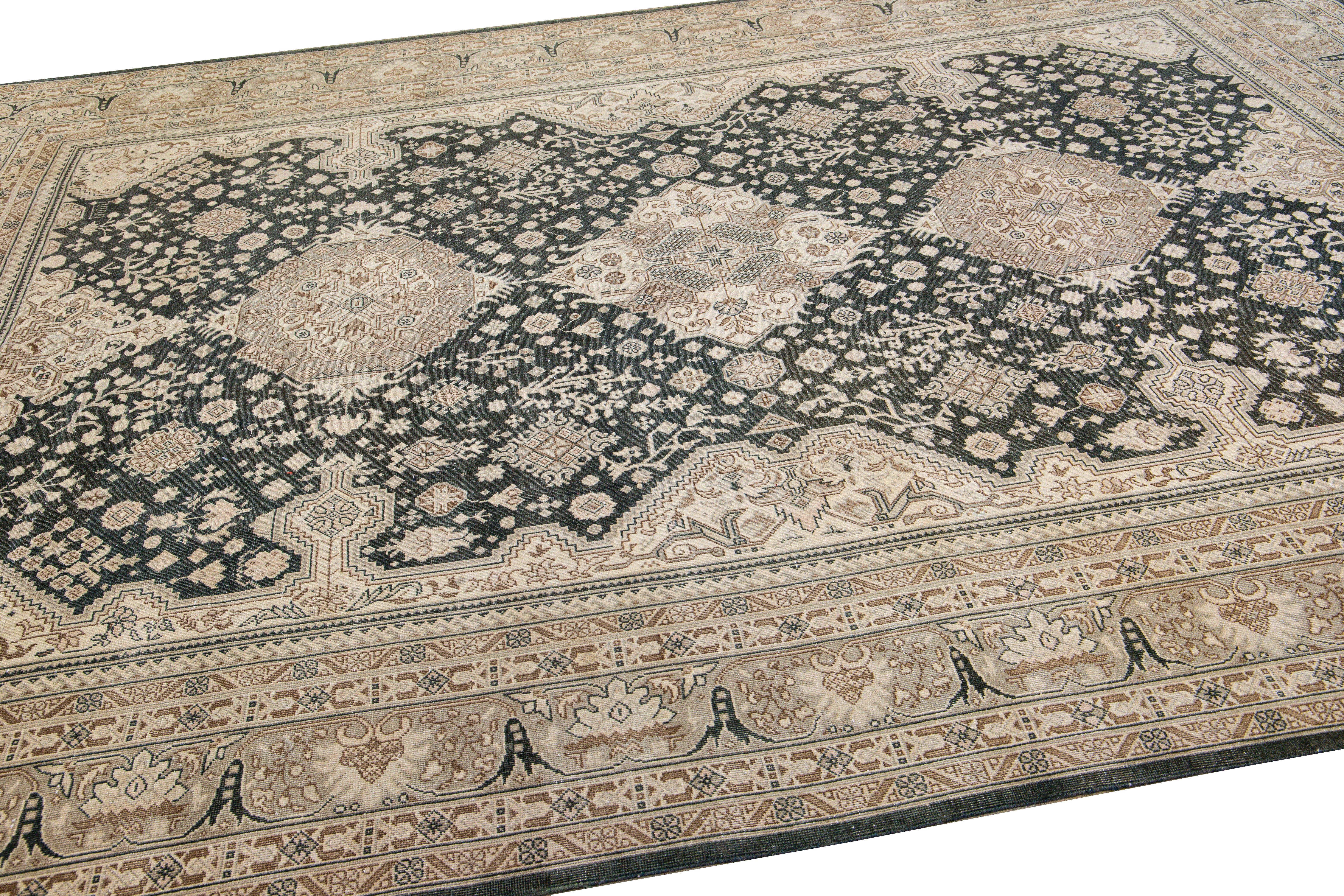 Antique Tabriz Persian Handmade Tribal Medallion Gray and Beige Wool Rug In Distressed Condition For Sale In Norwalk, CT