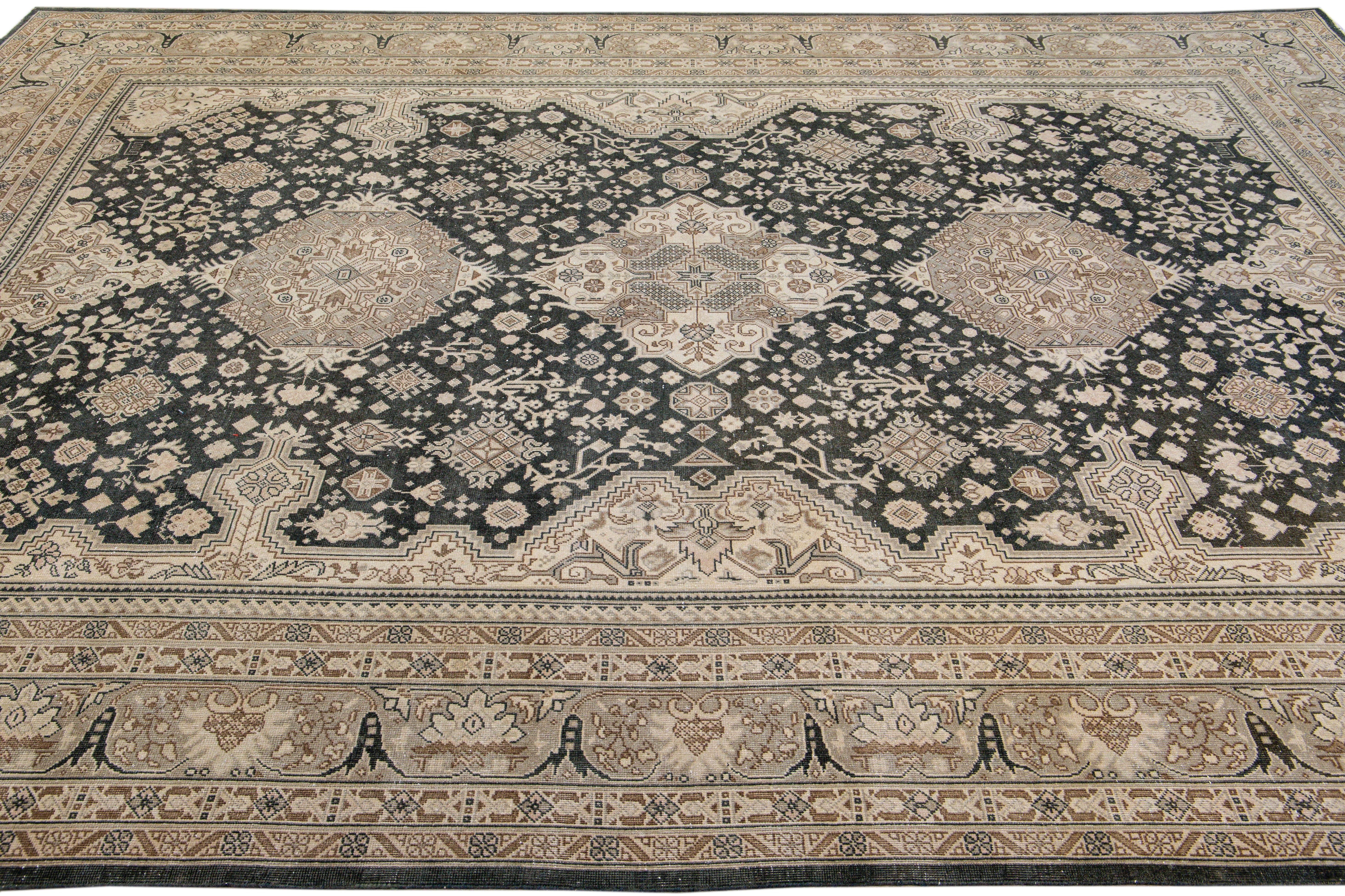 Early 20th Century Antique Tabriz Persian Handmade Tribal Medallion Gray and Beige Wool Rug For Sale