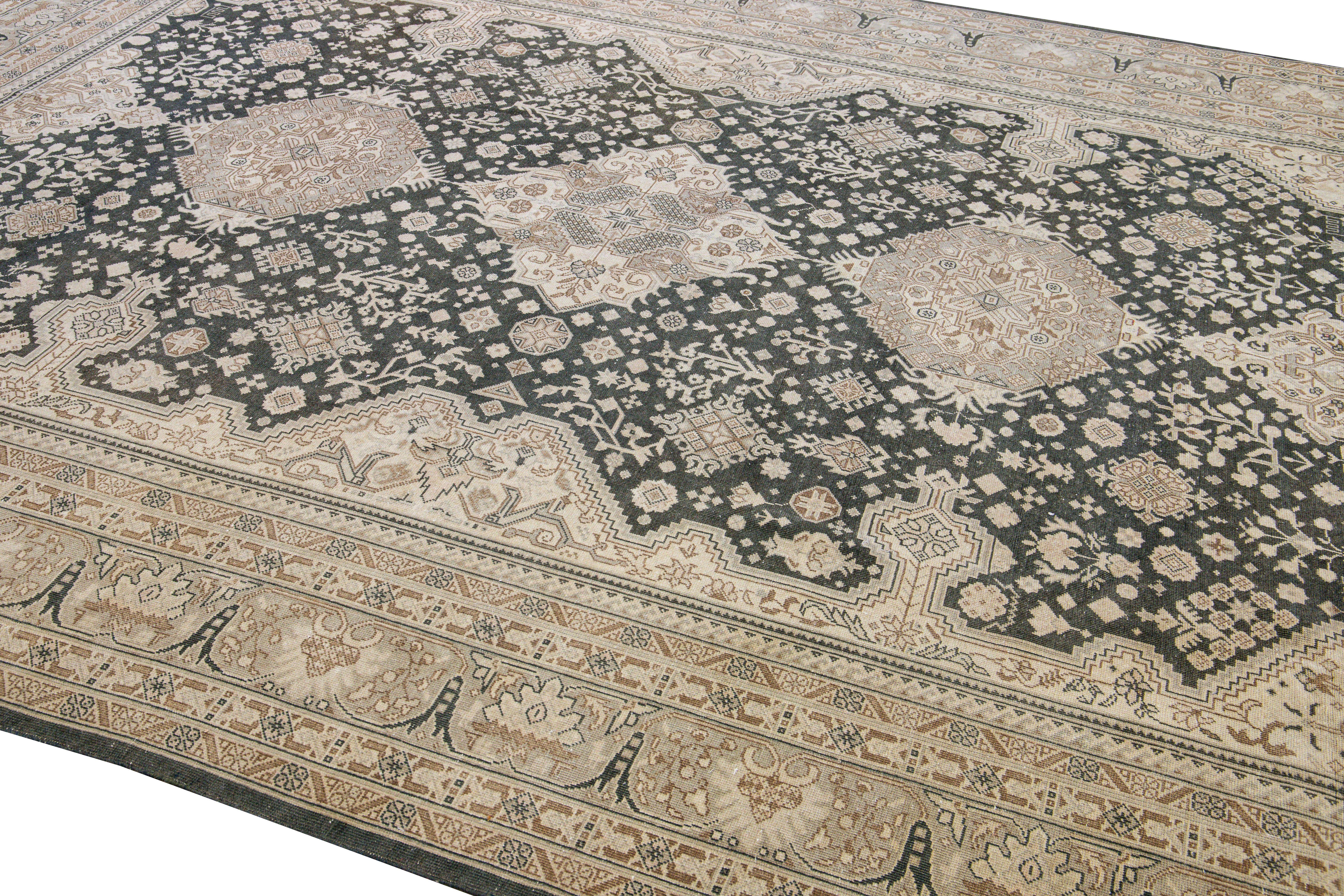 Antique Tabriz Persian Handmade Tribal Medallion Gray and Beige Wool Rug For Sale 1
