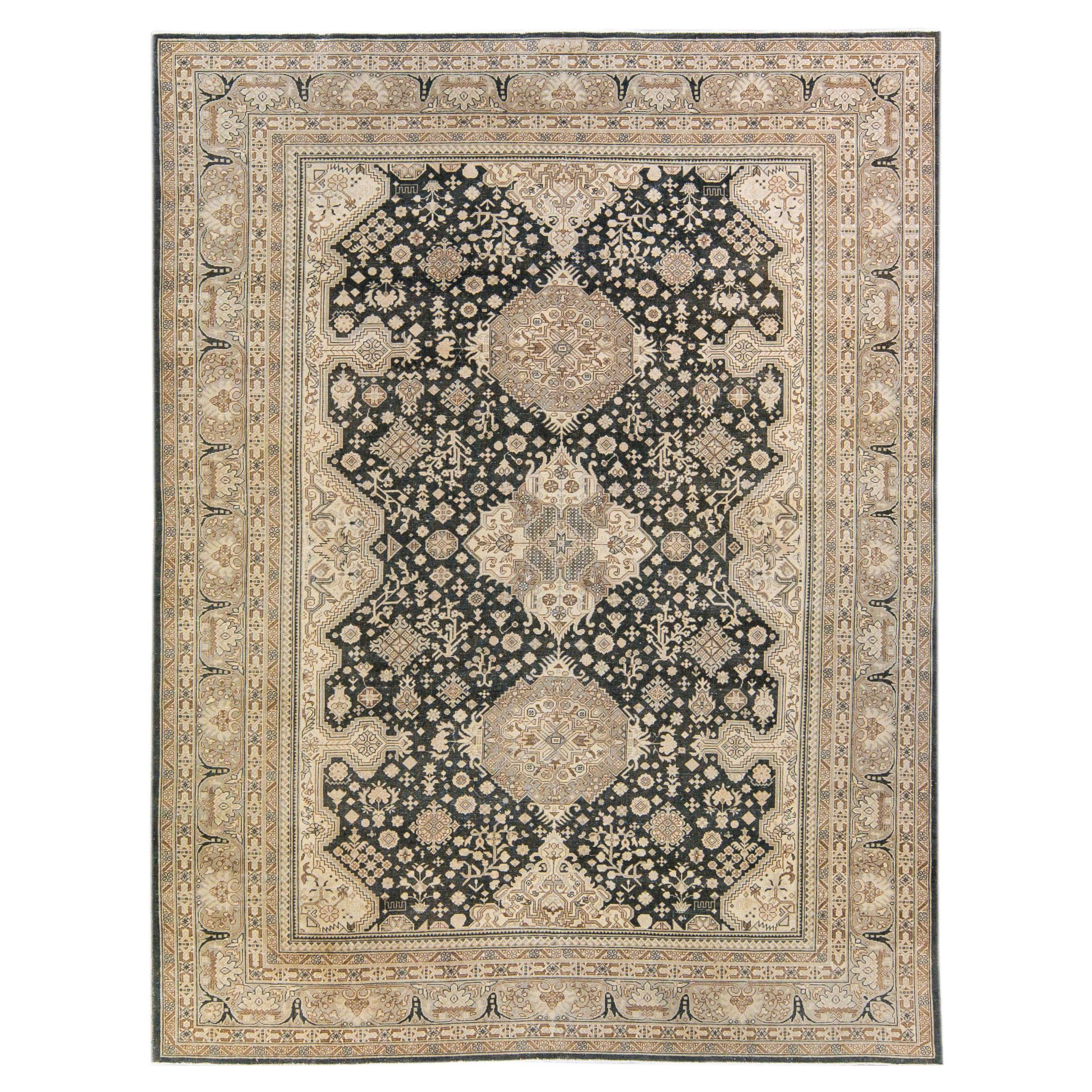 Antique Tabriz Persian Handmade Tribal Medallion Gray and Beige Wool Rug For Sale