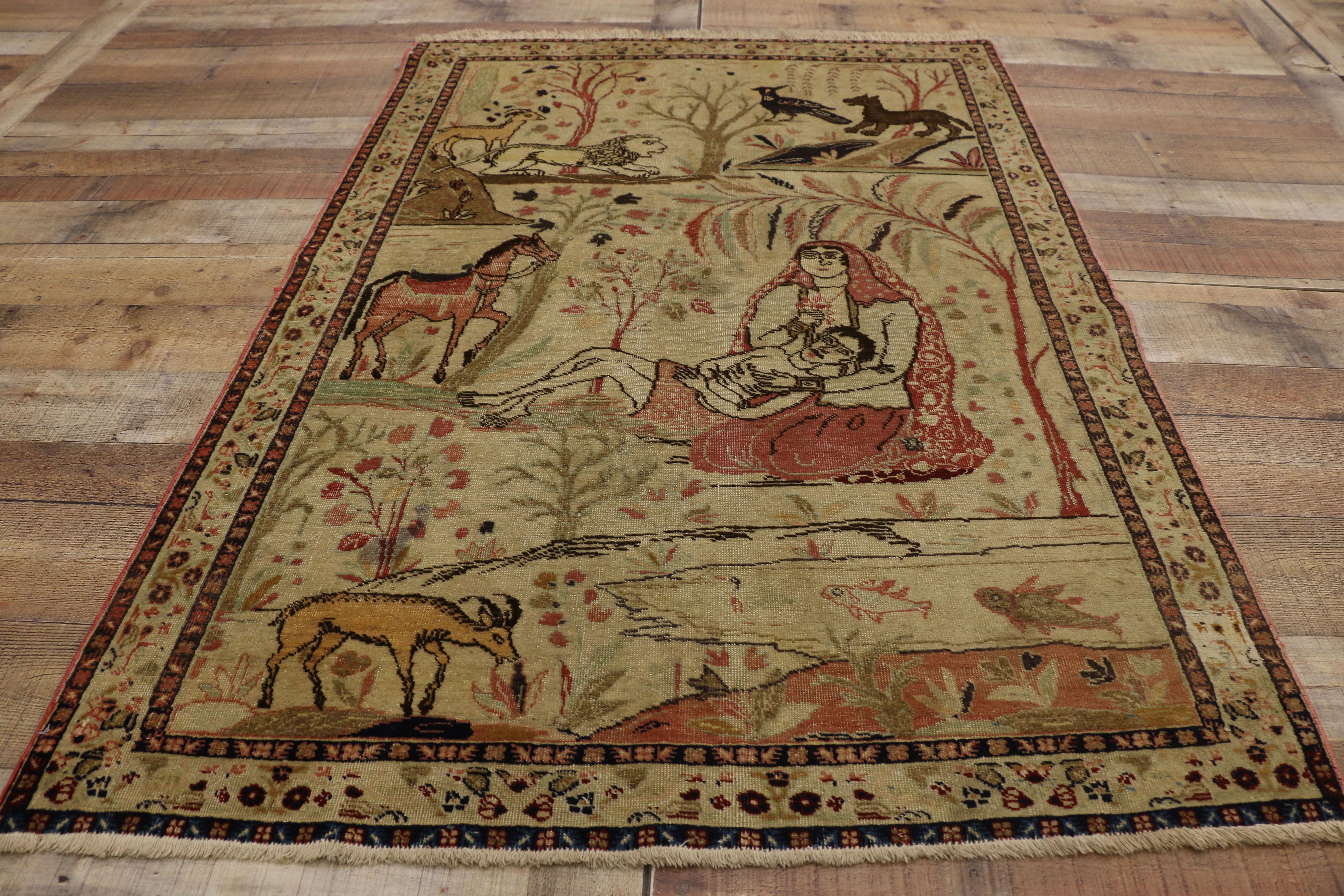 Hand-Knotted Antique Tabriz Persian Pictorial Rug, Persian Wall Hanging, Landscape Tapestry