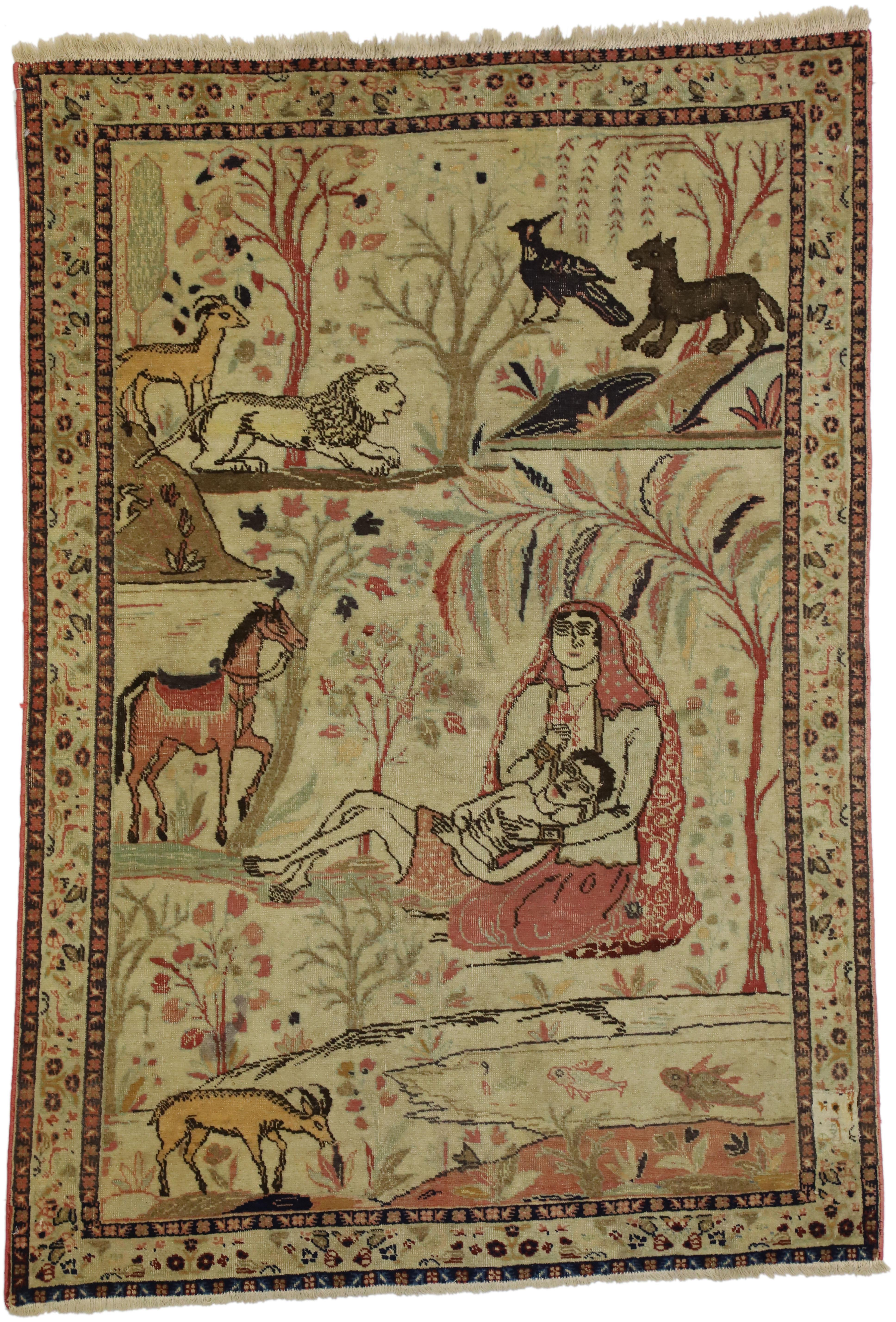 20th Century Antique Tabriz Persian Pictorial Rug, Persian Wall Hanging, Landscape Tapestry