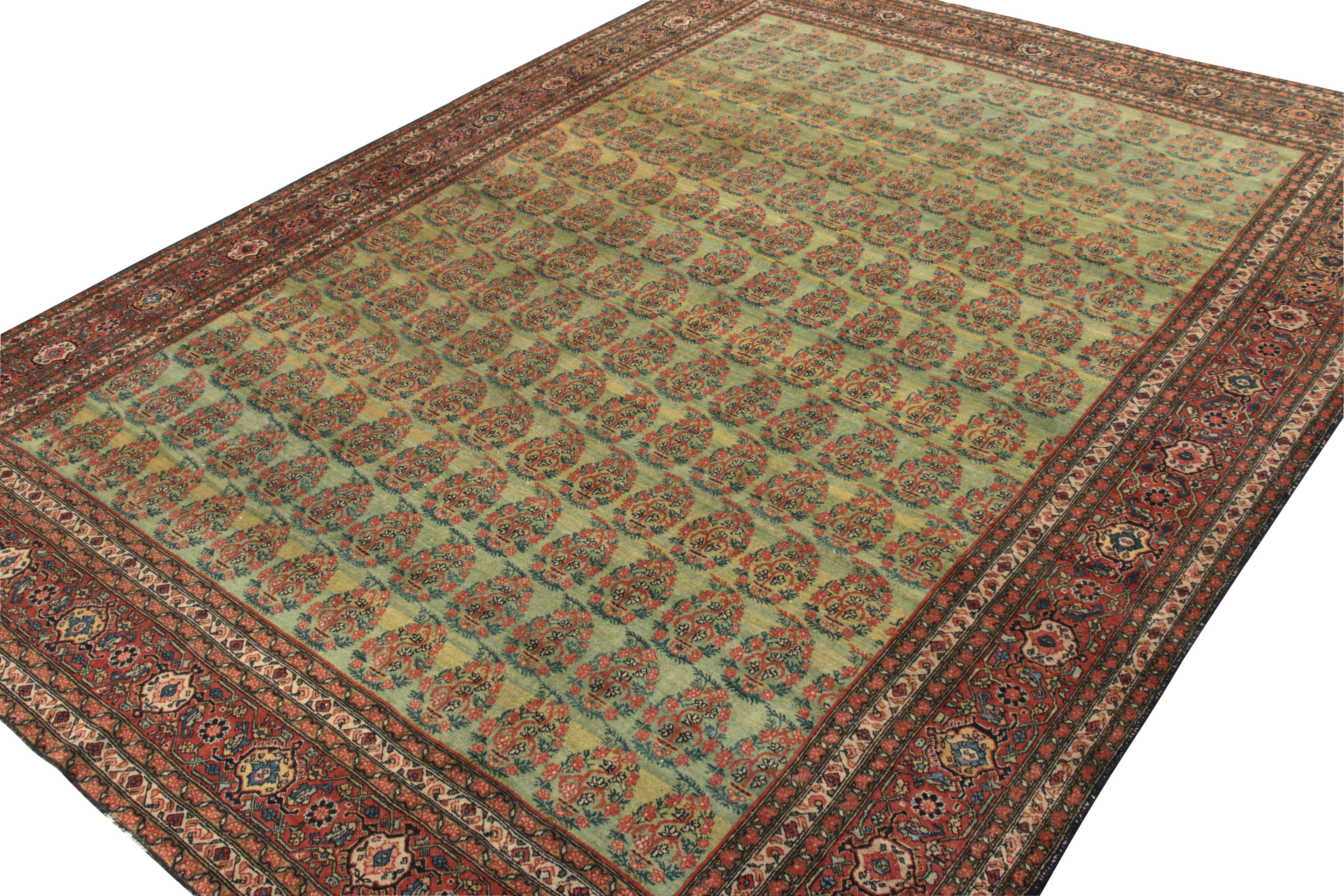 Hand-Knotted Antique Tabriz Persian Rug in an All over Green, Red Floral Pattern For Sale
