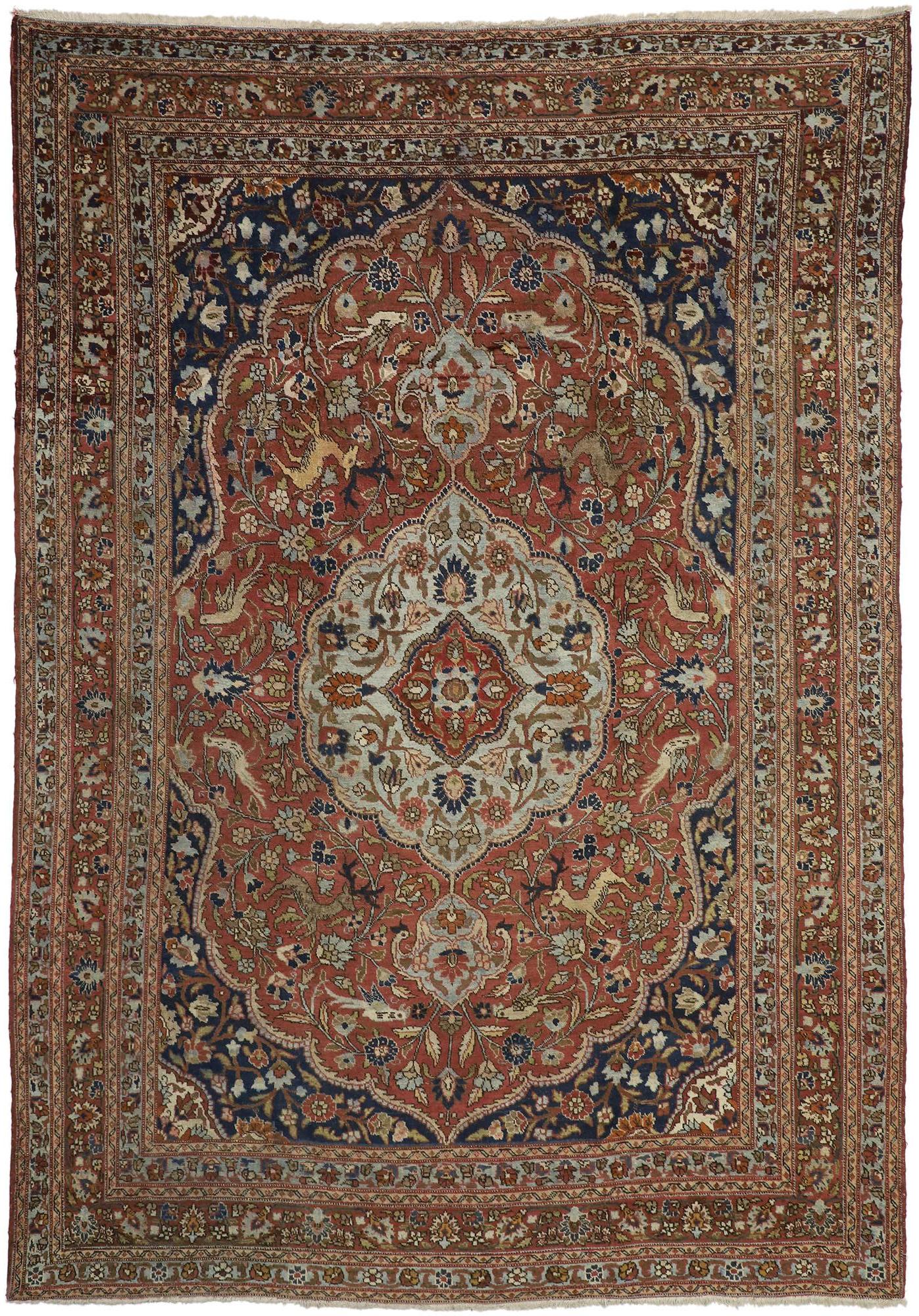 73111 Antique Persian Tabriz Palace Size Rug with Arts & Crafts Renaissance Style 09'00 x 13'00. With its timeless elegance and regal charm, this hand knotted wool antique Persian Tabriz rug features a sixteen point scalloped medallion filled with