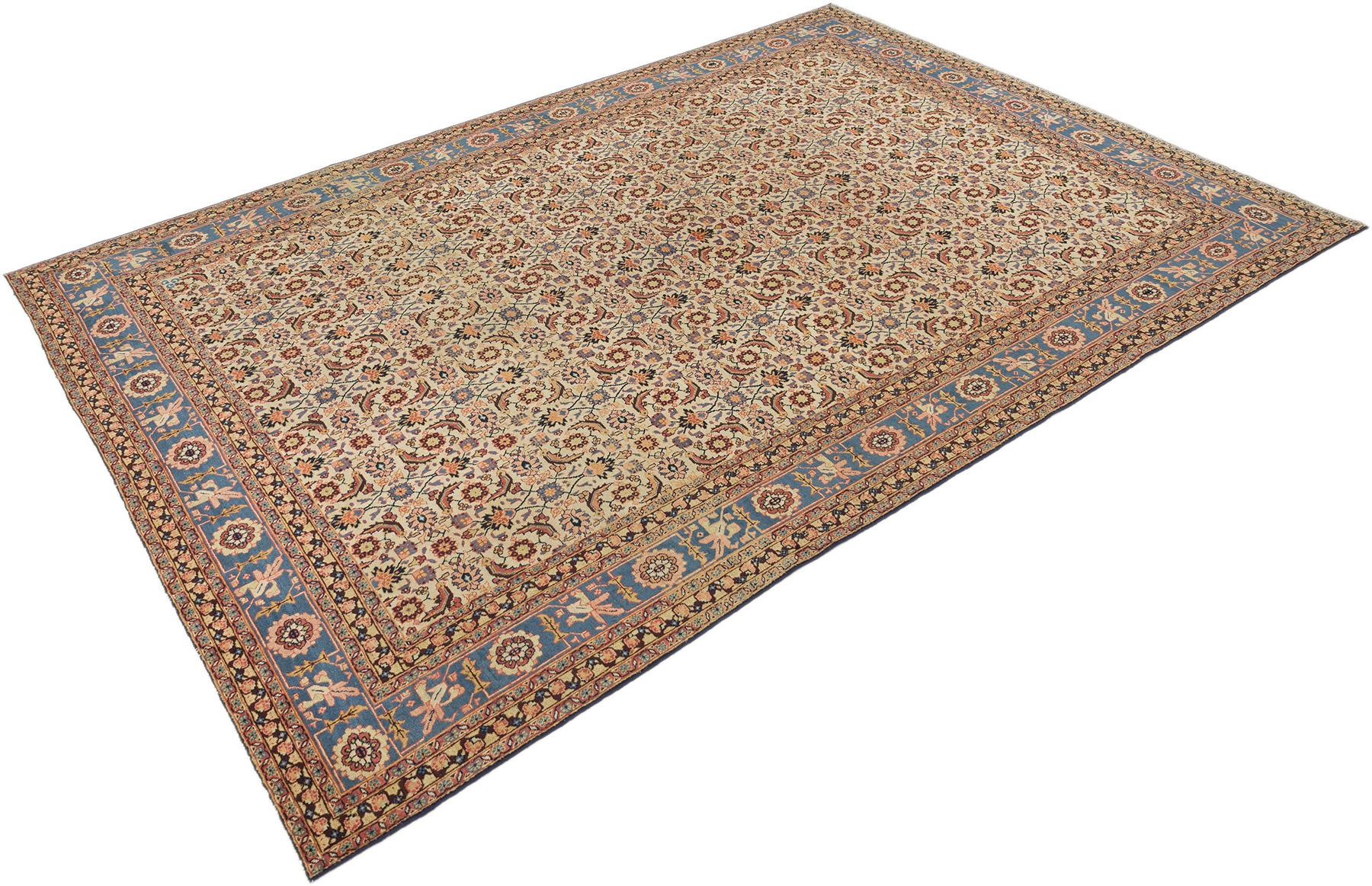Annodato a mano Tappeto Tabriz Petag antico, annodato a mano, 11.5x8.2 ft - Avorio e blu in vendita