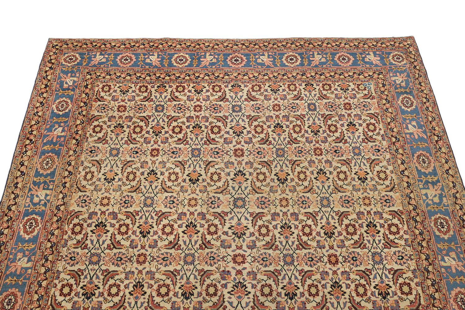 Tappeto Tabriz Petag antico, annodato a mano, 11.5x8.2 ft - Avorio e blu In condizioni buone in vendita a North Bergen, NJ