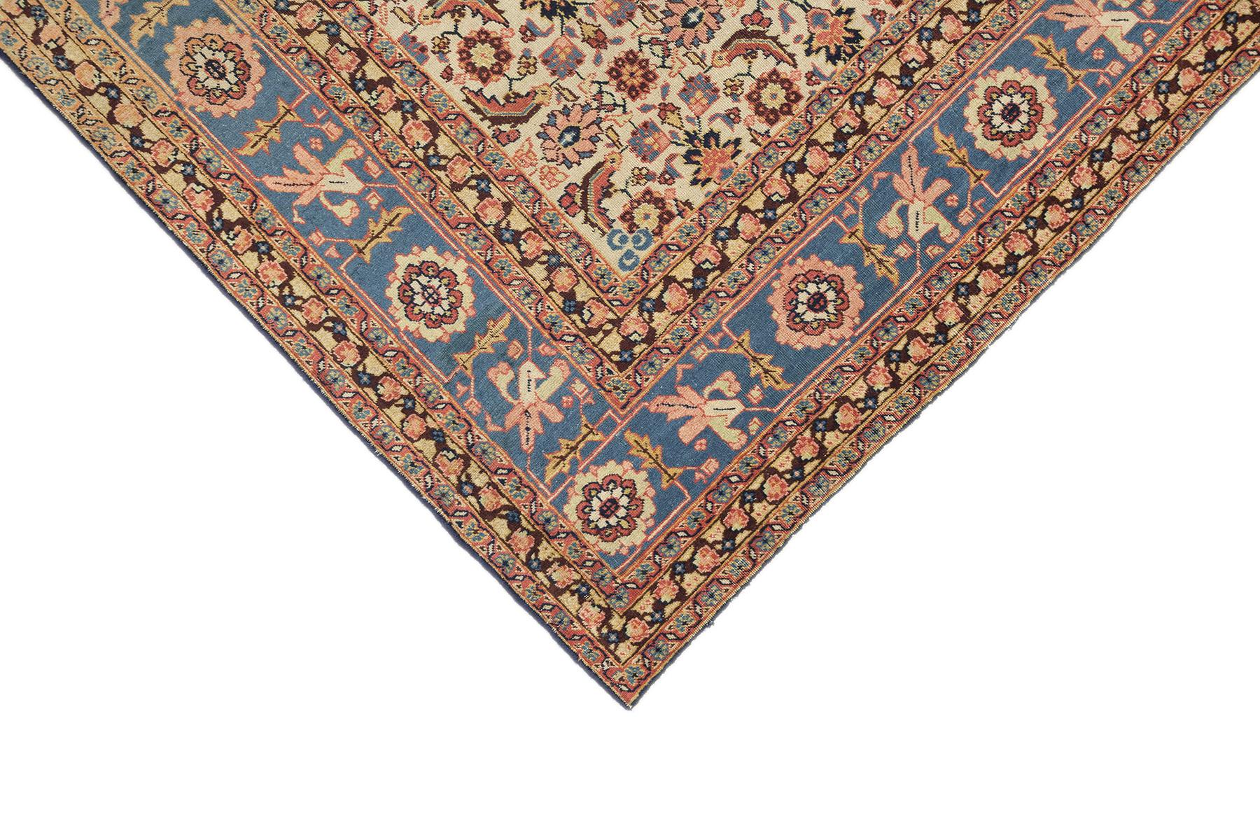 Inizio XX secolo Tappeto Tabriz Petag antico, annodato a mano, 11.5x8.2 ft - Avorio e blu in vendita