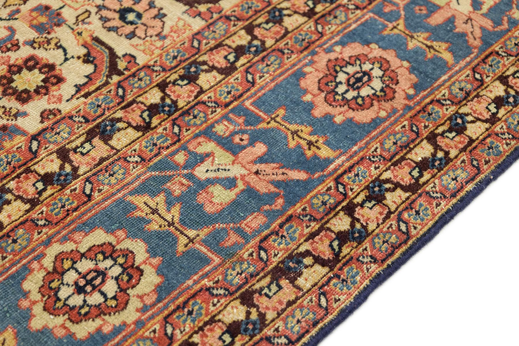 Tappeto Tabriz Petag antico, annodato a mano, 11.5x8.2 ft - Avorio e blu in vendita 2