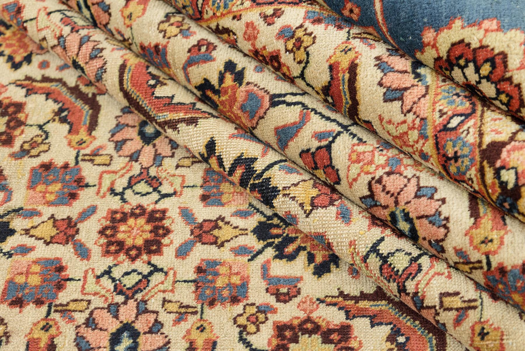 Tappeto Tabriz Petag antico, annodato a mano, 11.5x8.2 ft - Avorio e blu in vendita 3