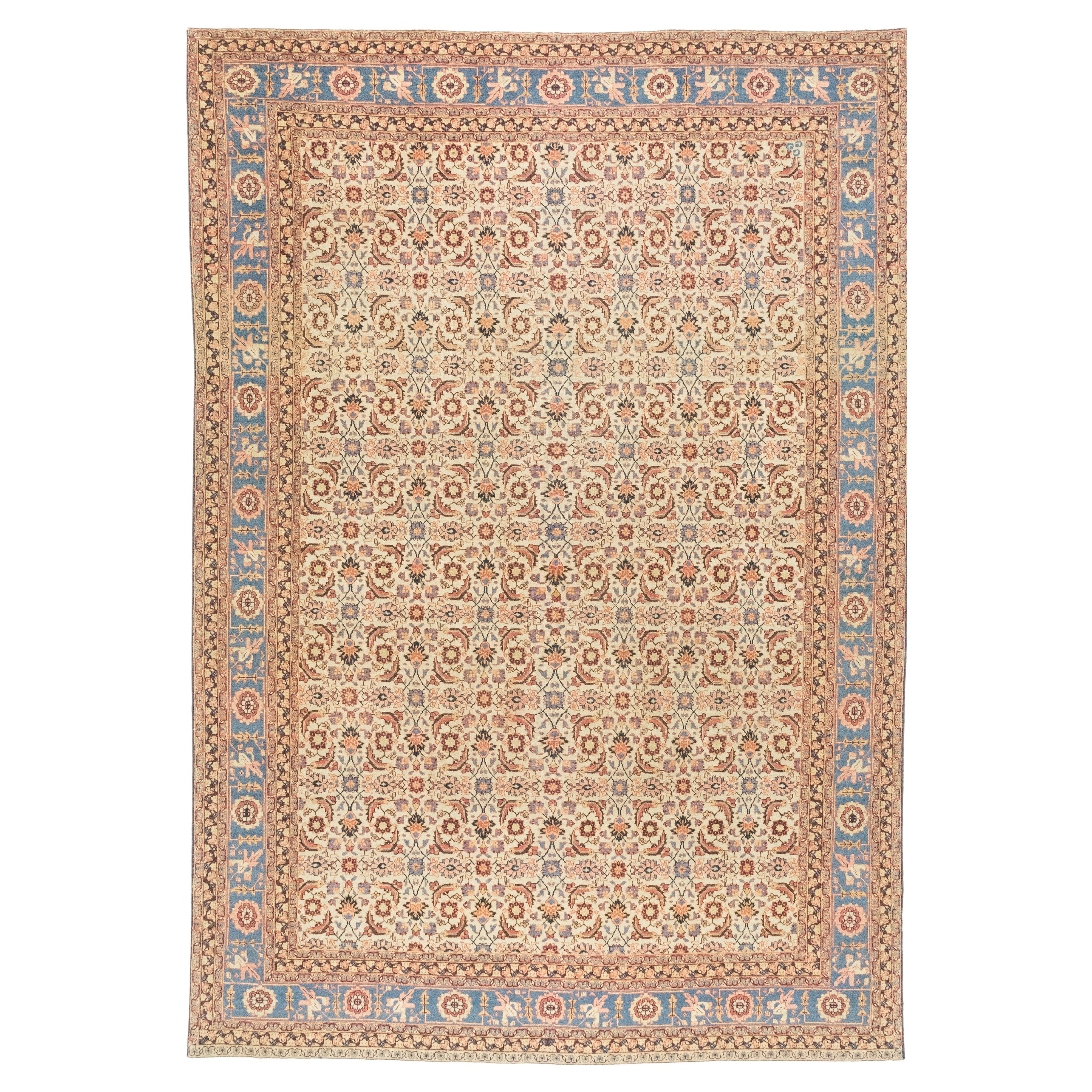 Antiker Tabriz Petag Teppich, handgeknüpft, 11.5x8.2 ft - Elfenbein & Blau