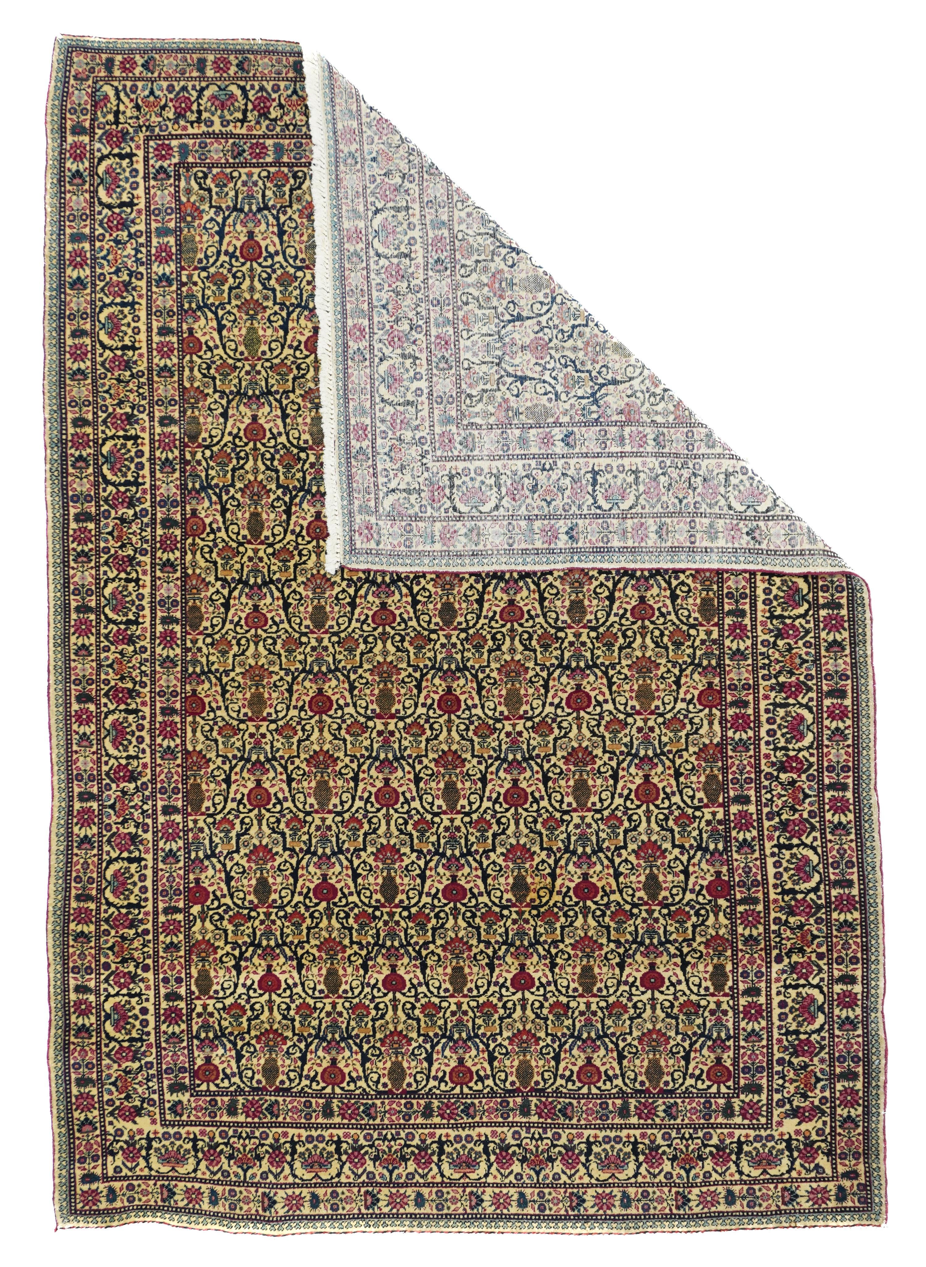 Antique Tabriz rug 4'5'' x 6'7''. All eggshell, field and borders, with small, dense, allover textile patterns of, in the field, a skeletal escutcheon and cartouche lattice enclosing tiny red vases and peacock tail palmettes, and in the border