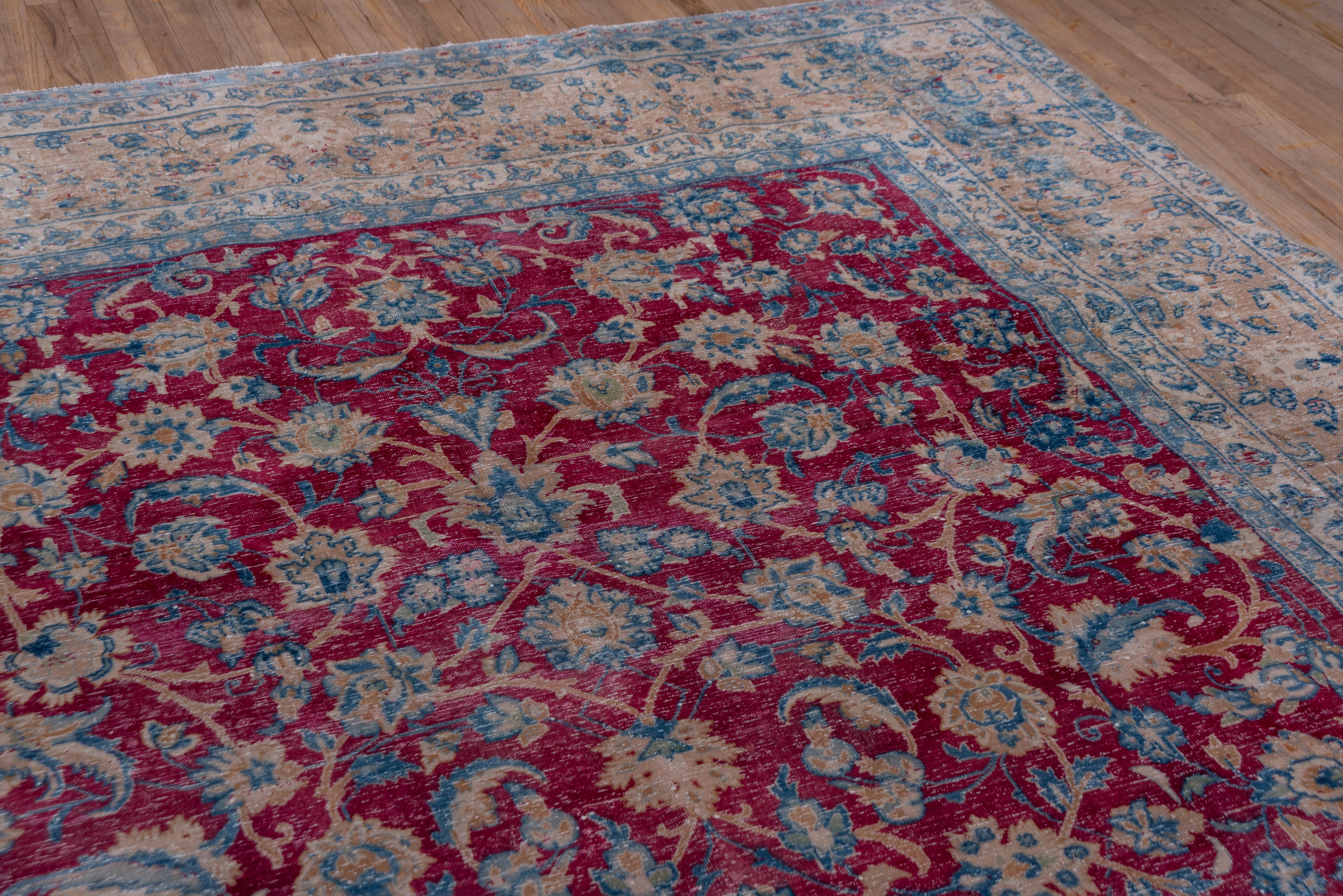 Persian Antique Tabriz Rug, Bright Raspberry Allover Field, Baby Blue and Peach Borders For Sale