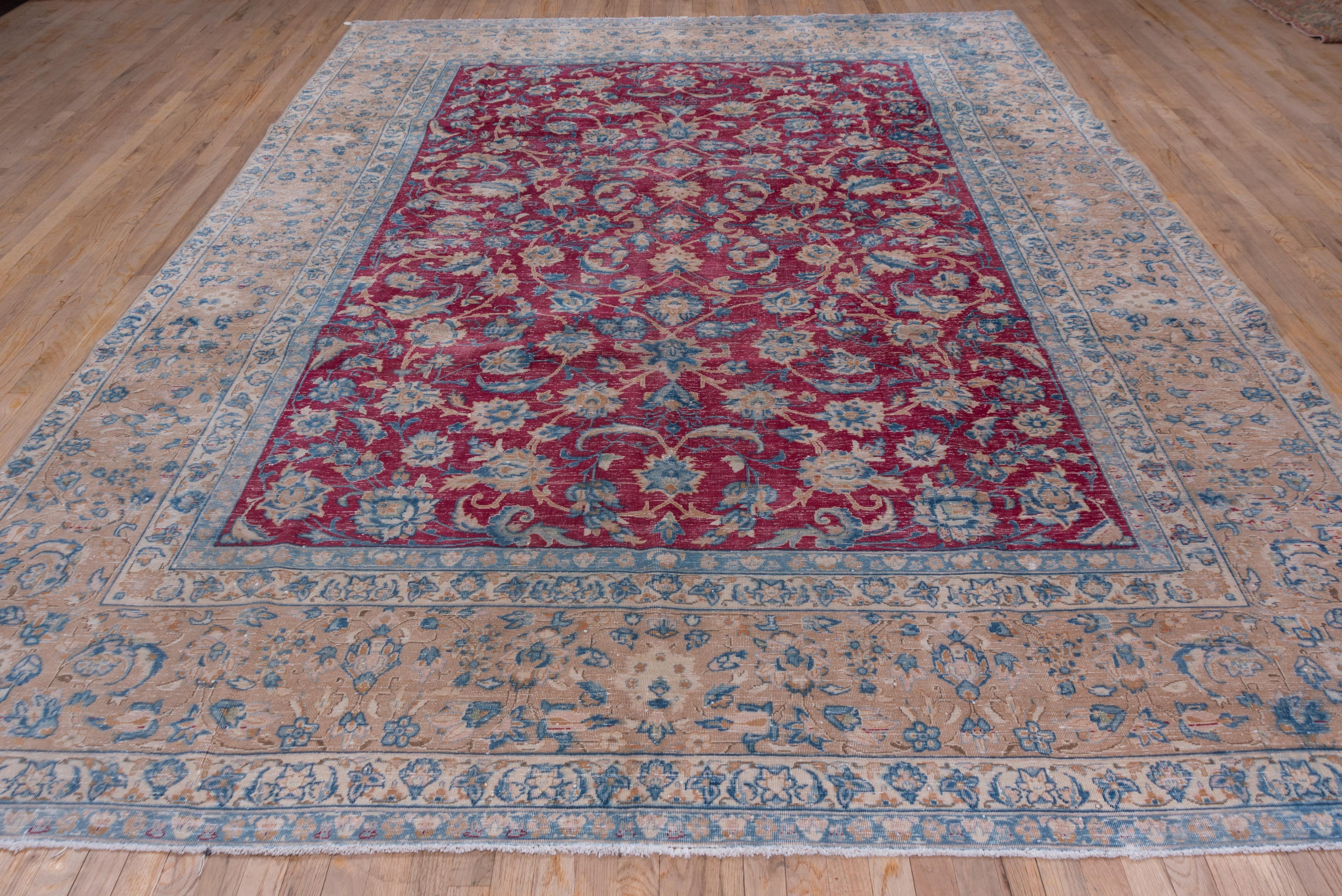 Mid-20th Century Antique Tabriz Rug, Bright Raspberry Allover Field, Baby Blue and Peach Borders For Sale