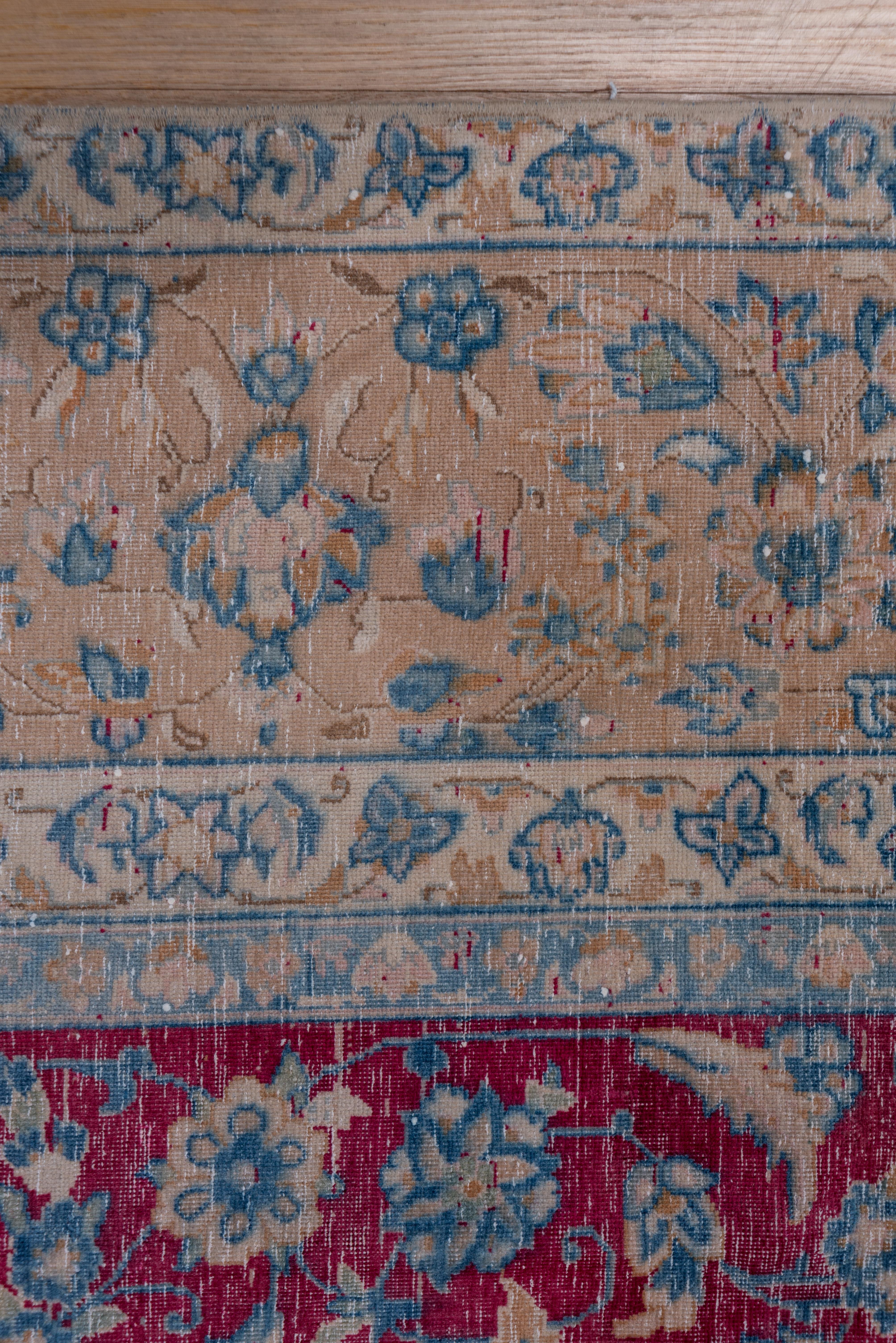 Antique Tabriz Rug, Bright Raspberry Allover Field, Baby Blue and Peach Borders For Sale 1