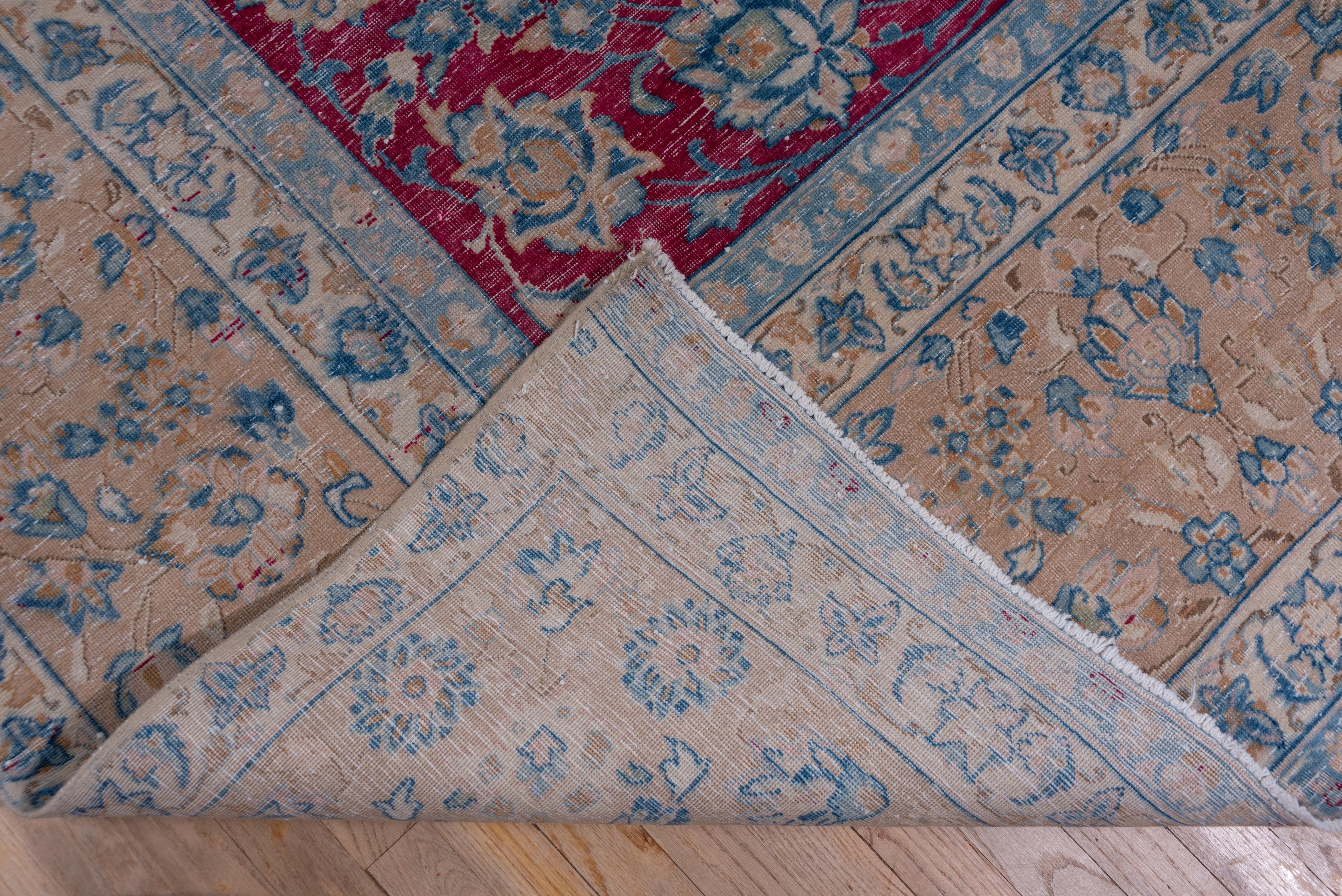 Antique Tabriz Rug, Bright Raspberry Allover Field, Baby Blue and Peach Borders For Sale 2