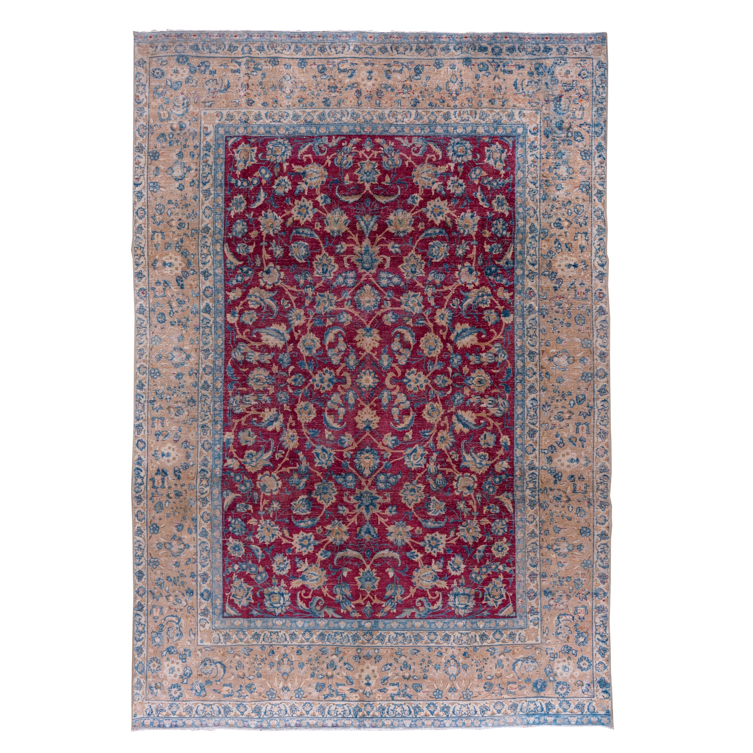 Antique Tabriz Rug, Bright Raspberry Allover Field, Baby Blue and Peach Borders For Sale