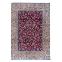 Vintage Tabriz Rug, Bright Raspberry Allover Field, Baby Blue and Peach Borders