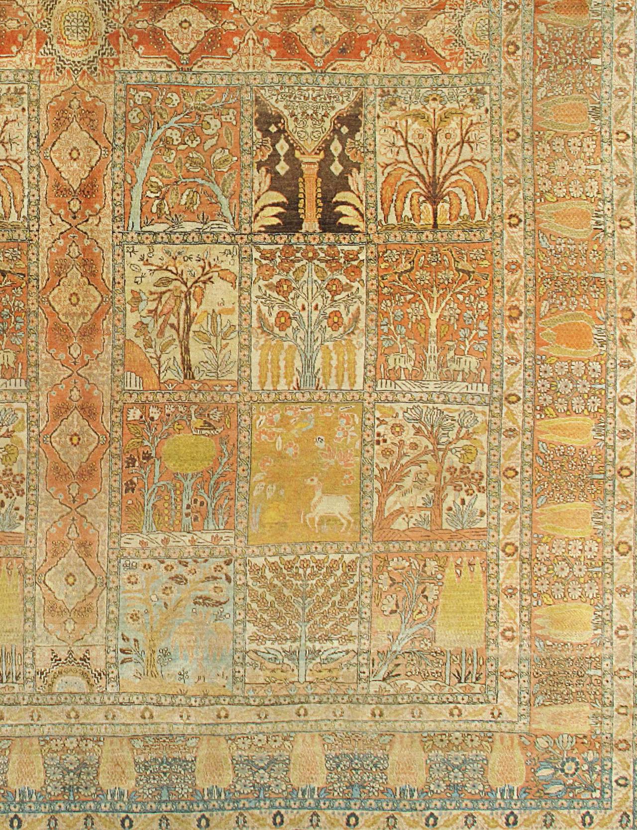 Antique Tabriz rug carpet, circa 1880. Among the most classical of the revival period Tabriz carpet designs is that of the garden design pattern. This divides the field into small panels each with a garden motif: trees shrubs animals. The trees