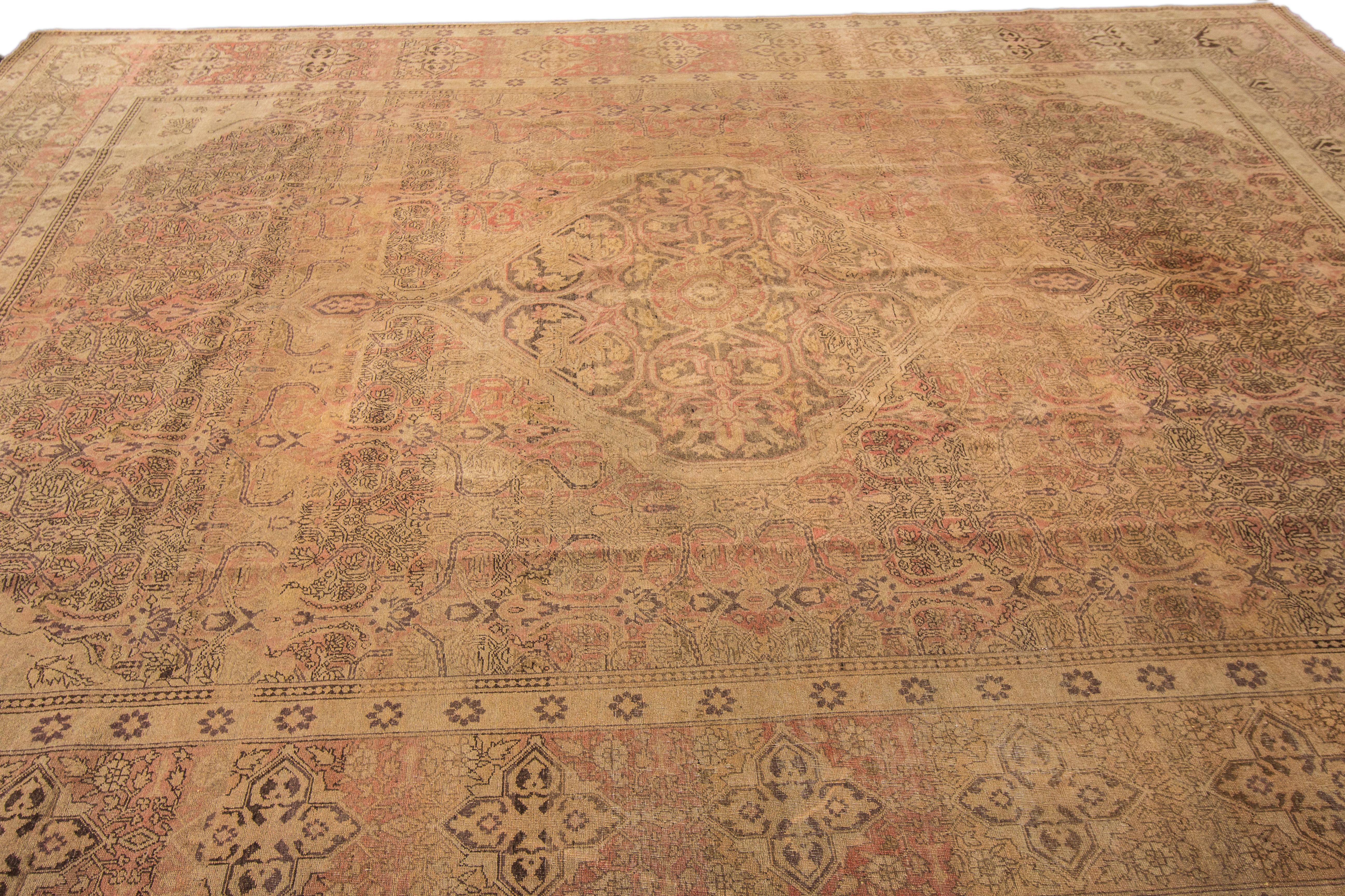 Antique Tabriz Handmade Medallion Designed Tan Persian Wool Rug In Good Condition For Sale In Norwalk, CT