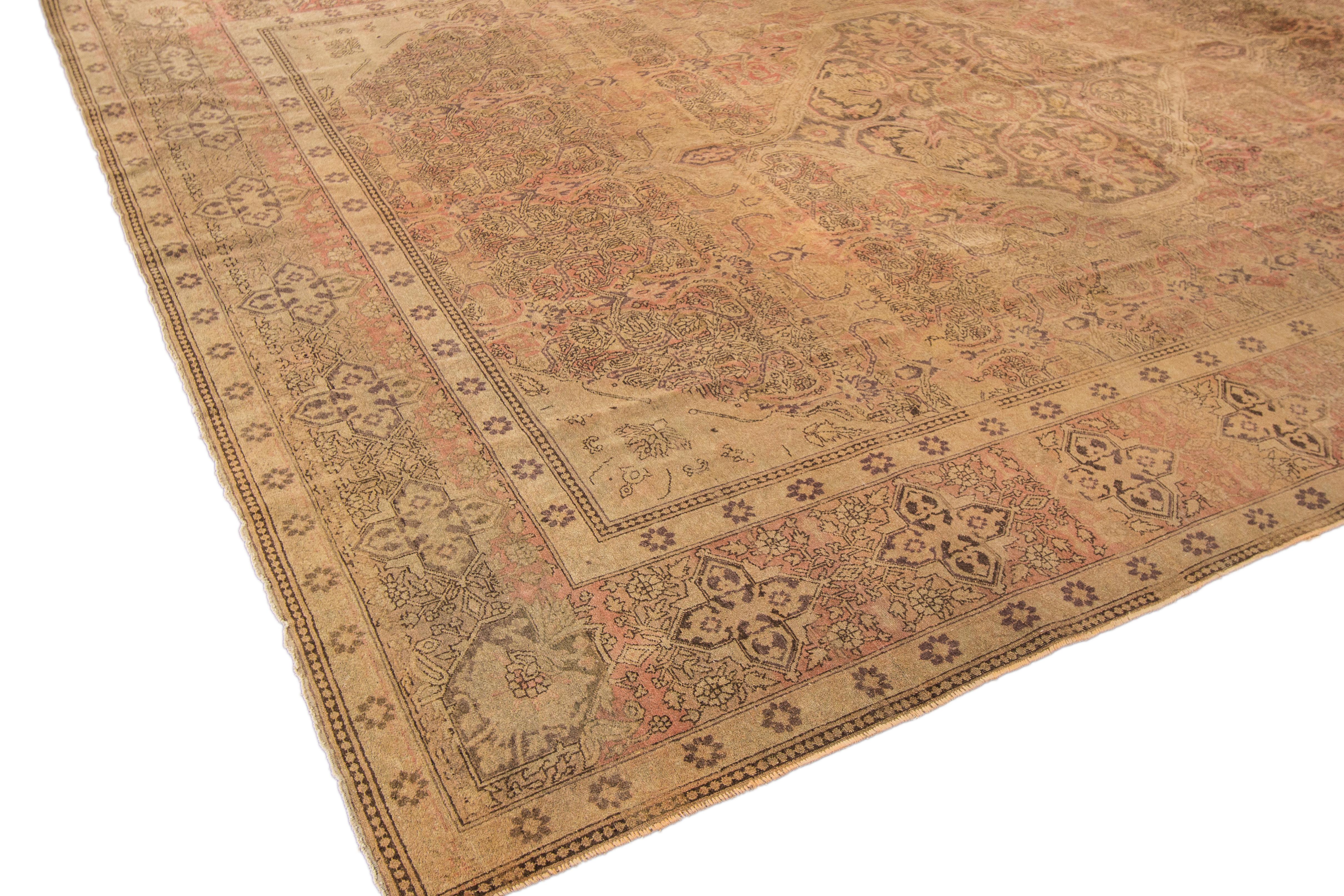 Early 20th Century Antique Tabriz Handmade Medallion Designed Tan Persian Wool Rug For Sale