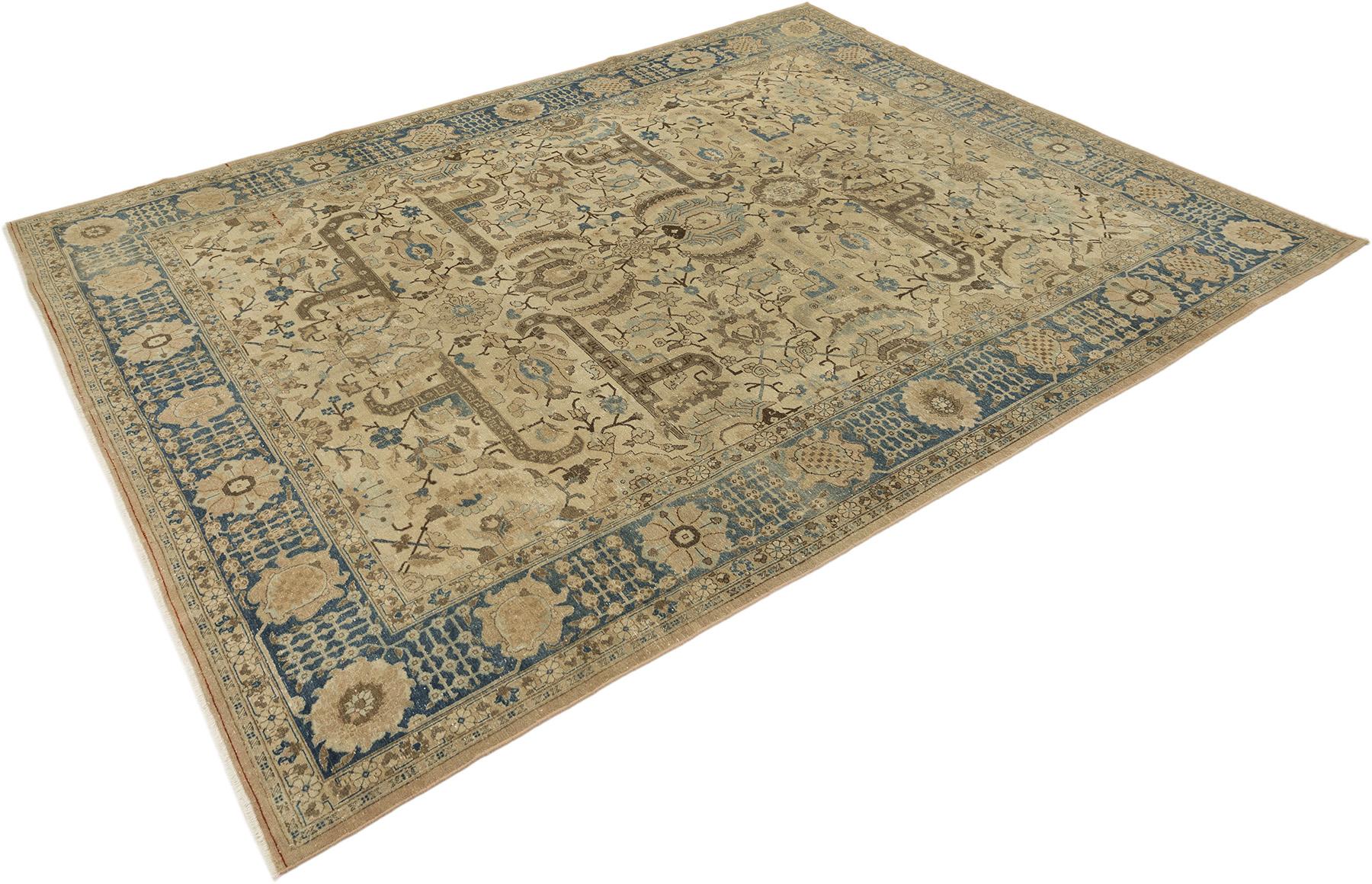 Persian Antique Tabriz Rug, Hand Knotted, 12.3x9.6 ft – Beige & Blue For Sale