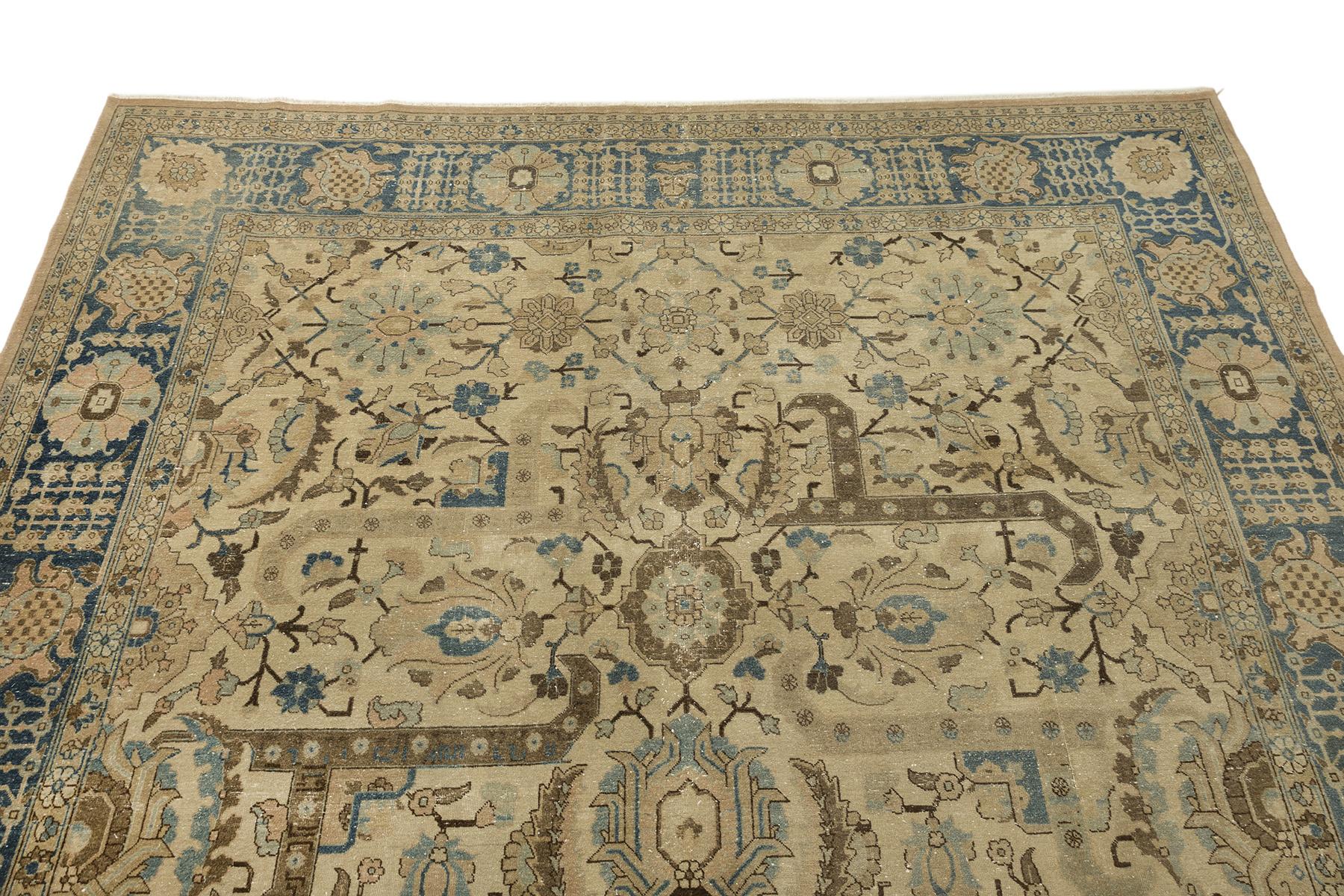 Hand-Knotted Antique Tabriz Rug, Hand Knotted, 12.3x9.6 ft – Beige & Blue For Sale