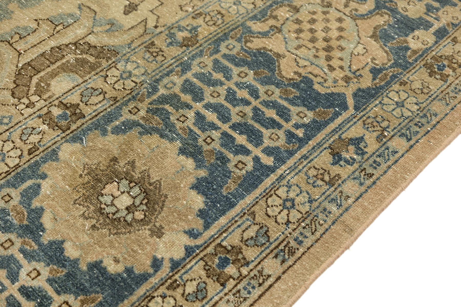Antique Tabriz Rug, Hand Knotted, 12.3x9.6 ft – Beige & Blue In Good Condition For Sale In North Bergen, NJ