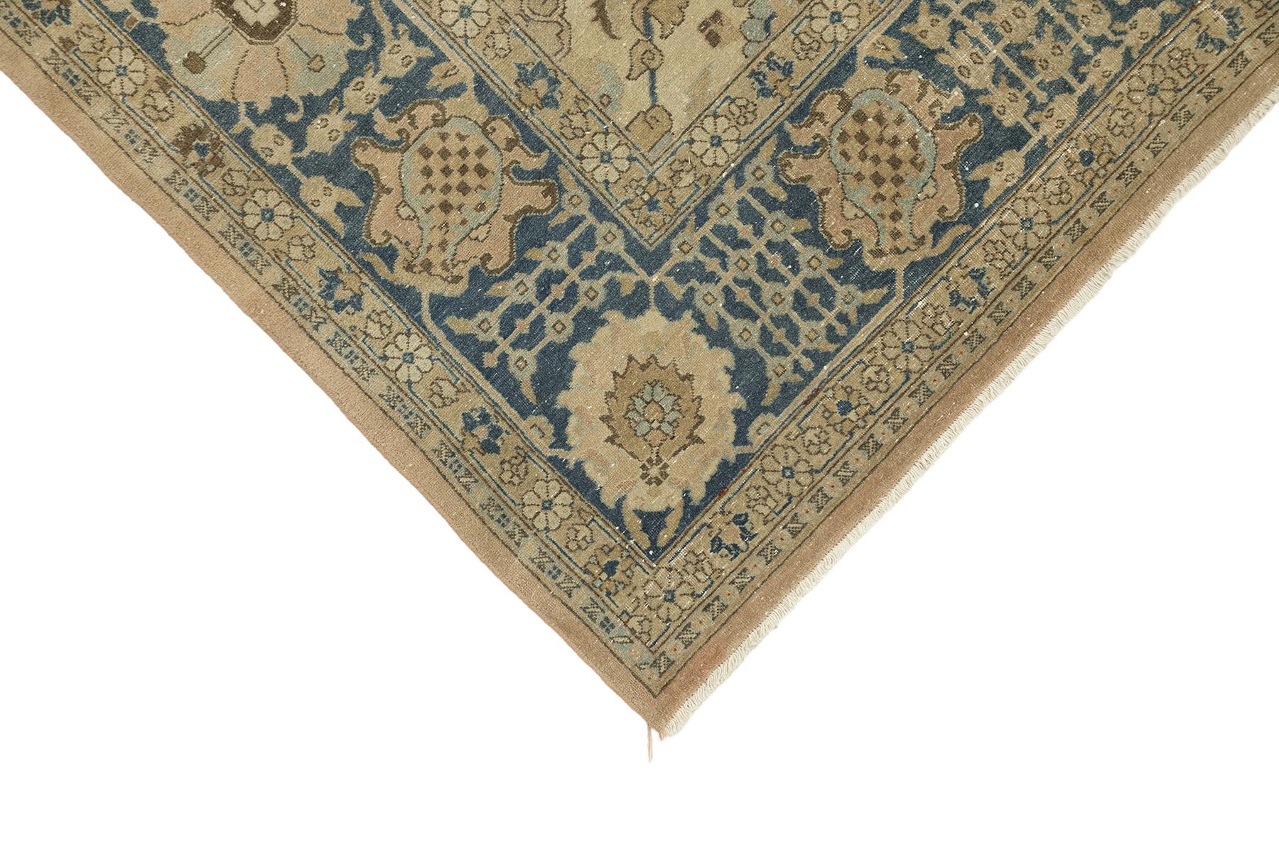 Mid-20th Century Antique Tabriz Rug, Hand Knotted, 12.3x9.6 ft – Beige & Blue For Sale