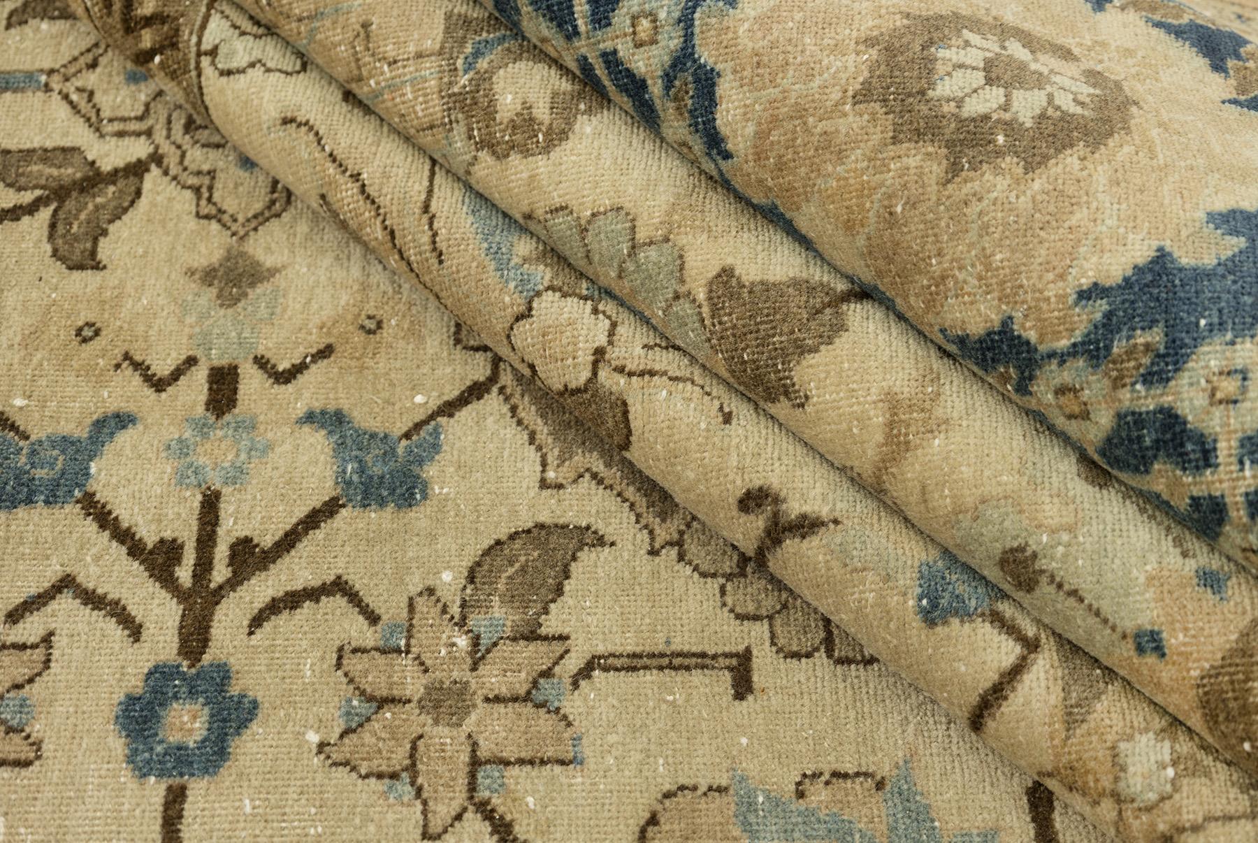 Wool Antique Tabriz Rug, Hand Knotted, 12.3x9.6 ft – Beige & Blue For Sale