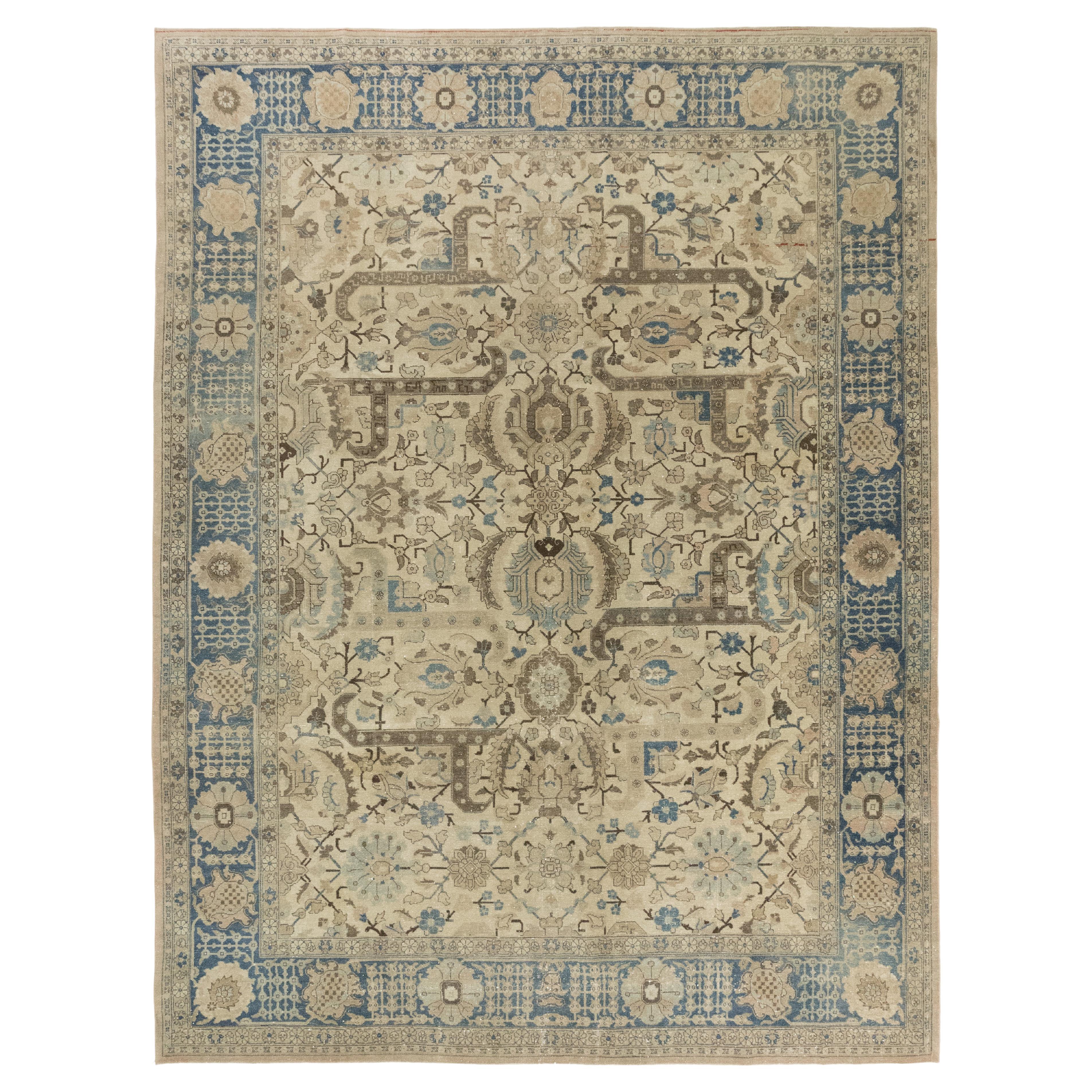 Antique Tabriz Rug, Hand Knotted, 12.3x9.6 ft – Beige & Blue For Sale