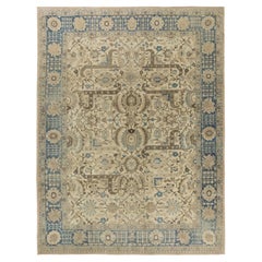 Antique Tabriz Rug, Hand Knotted, 12.3x9.6 ft – Beige & Blue