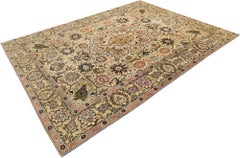 Antiker Tabriz-Teppich, handgeknüpft, 12,6 × 9,5 Fuß - Elfenbein, Grün und Creme