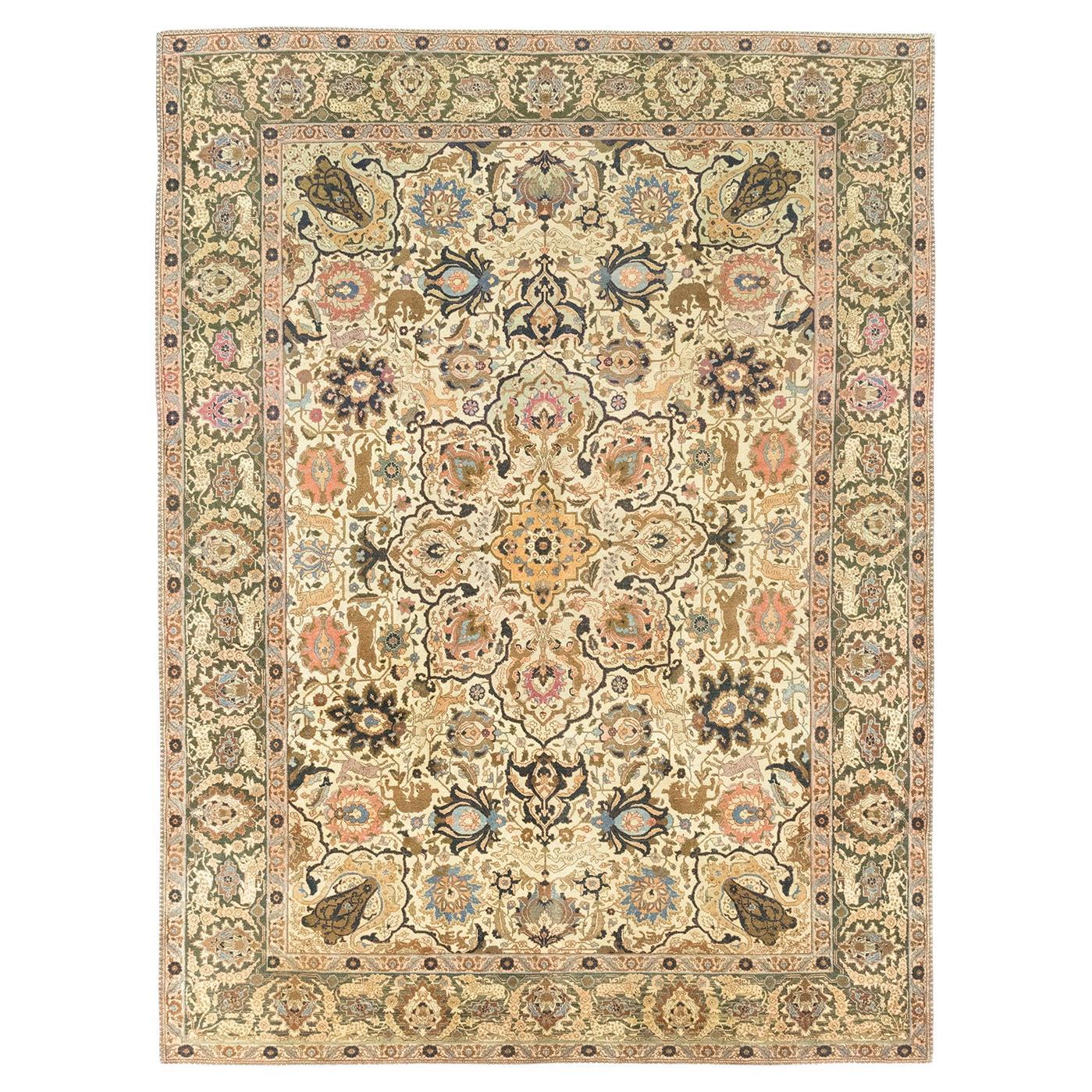 Antique Tabriz Rug, Hand Knotted, 12.6 × 9.5 ft – Ivory, Green and Cream