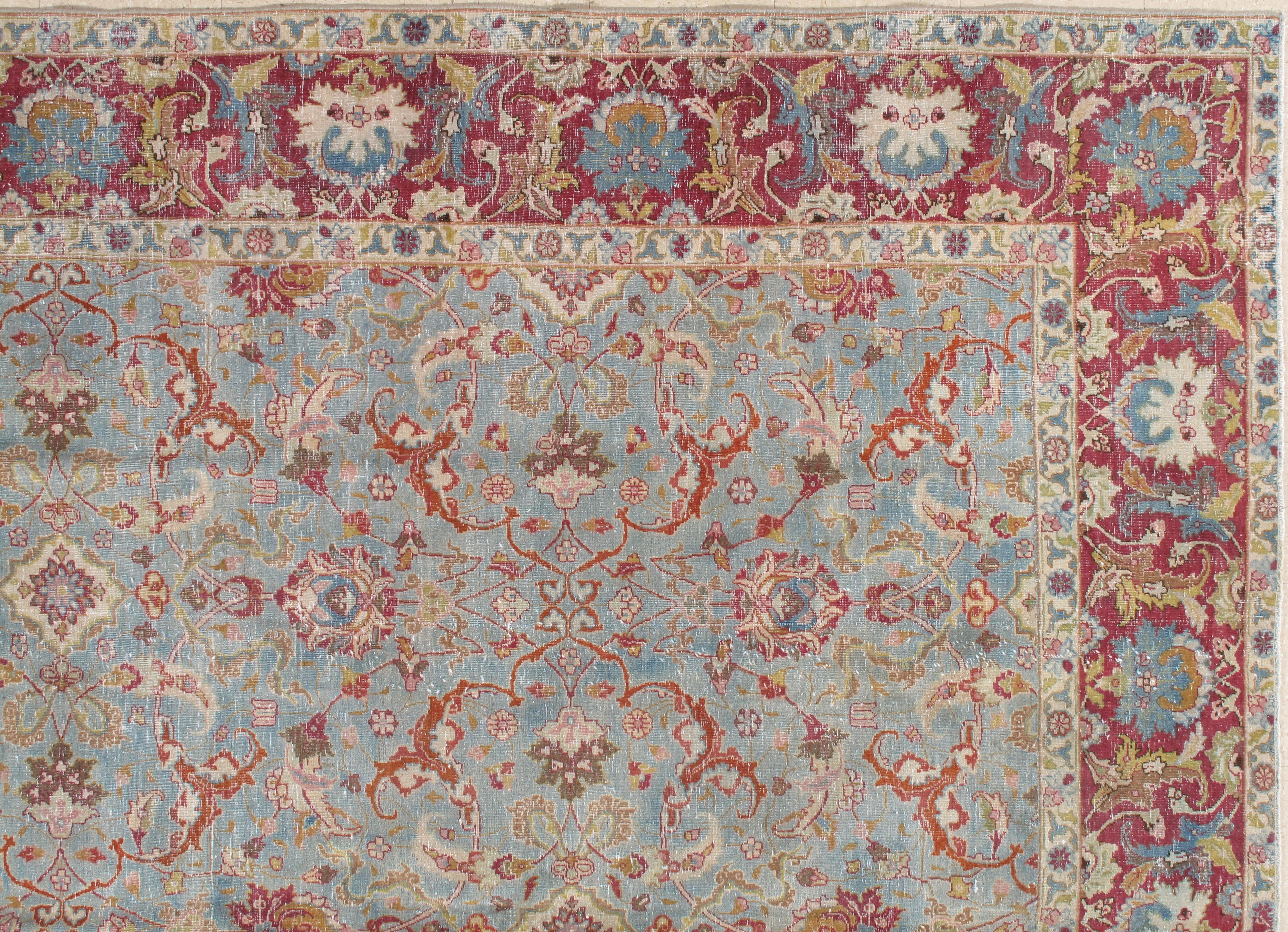Perse Tapis Tabriz ancien, tapis oriental fait à la main en terre cuite, bleu clair, or, vert en vente