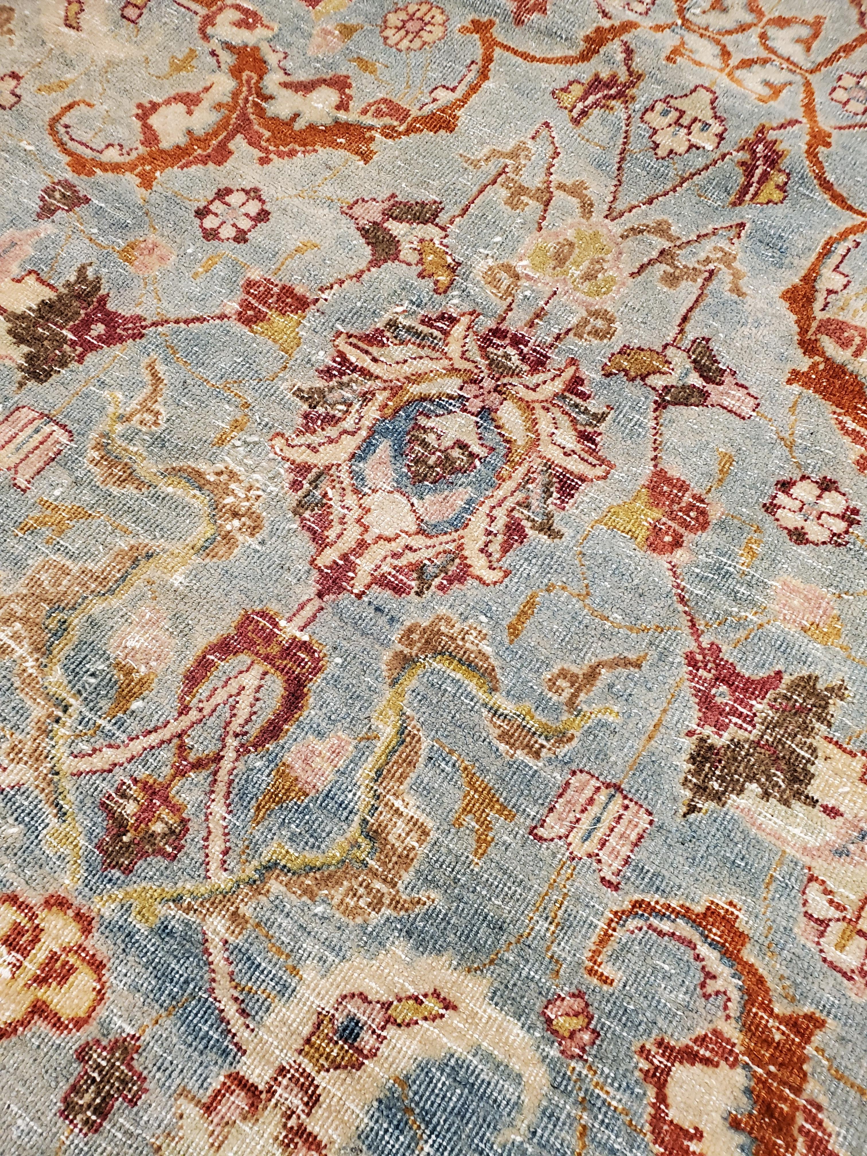 Noué à la main Tapis Tabriz ancien, tapis oriental fait à la main en terre cuite, bleu clair, or, vert en vente