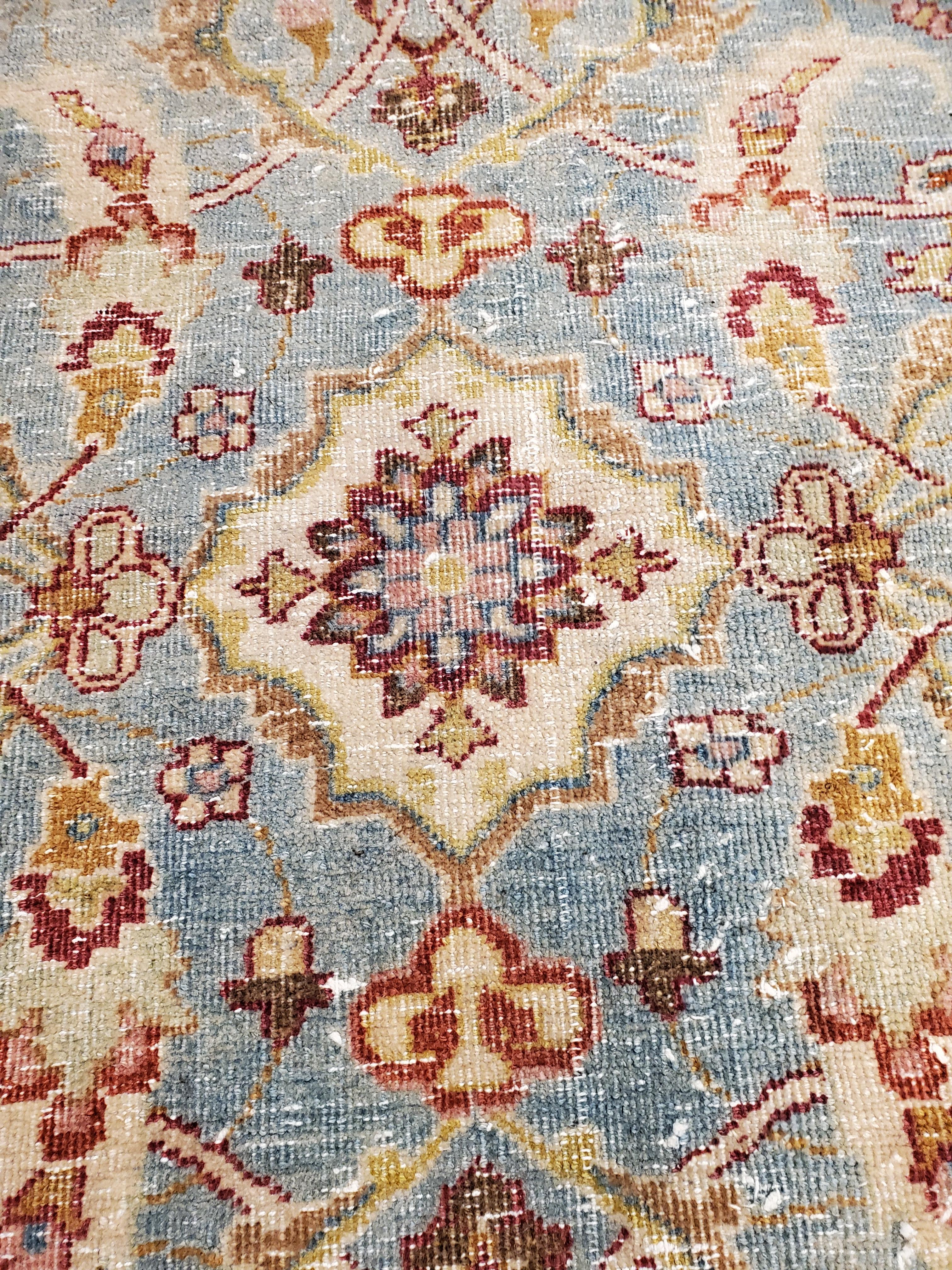 Antique Tabriz Rug, Handmade Oriental Rug in Terracotta, Light Blue, Gold, Green In Fair Condition For Sale In Port Washington, NY