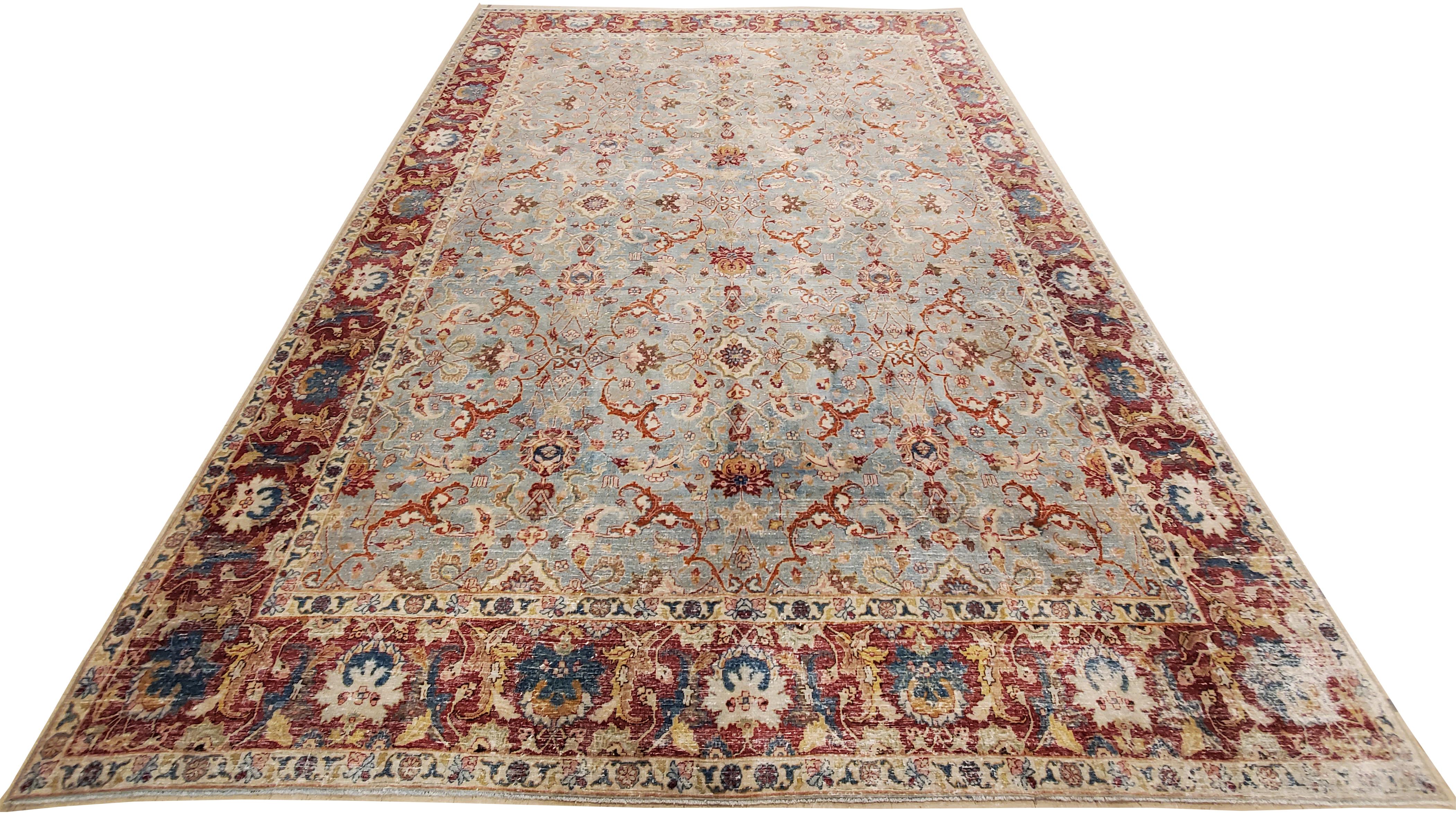Tapis Tabriz ancien, tapis oriental fait à la main en terre cuite, bleu clair, or, vert en vente 2