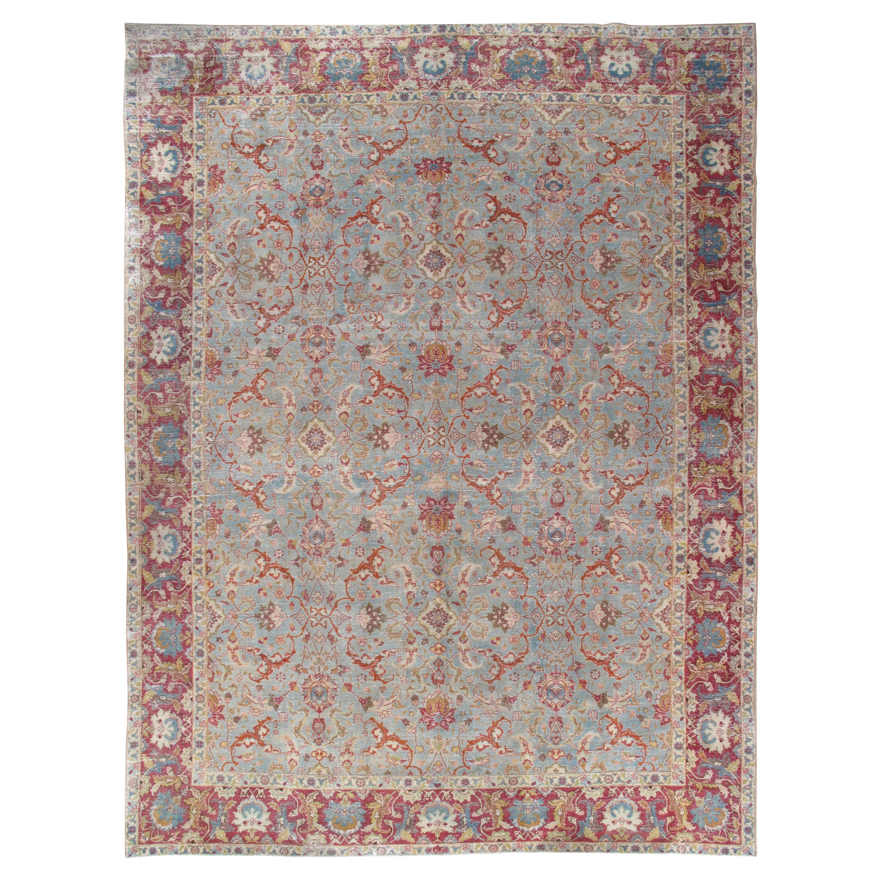 Antiker antiker Täbriz-Teppich, handgefertigter orientalischer Teppich in Terrakotta, Hellblau, Gold, Grün