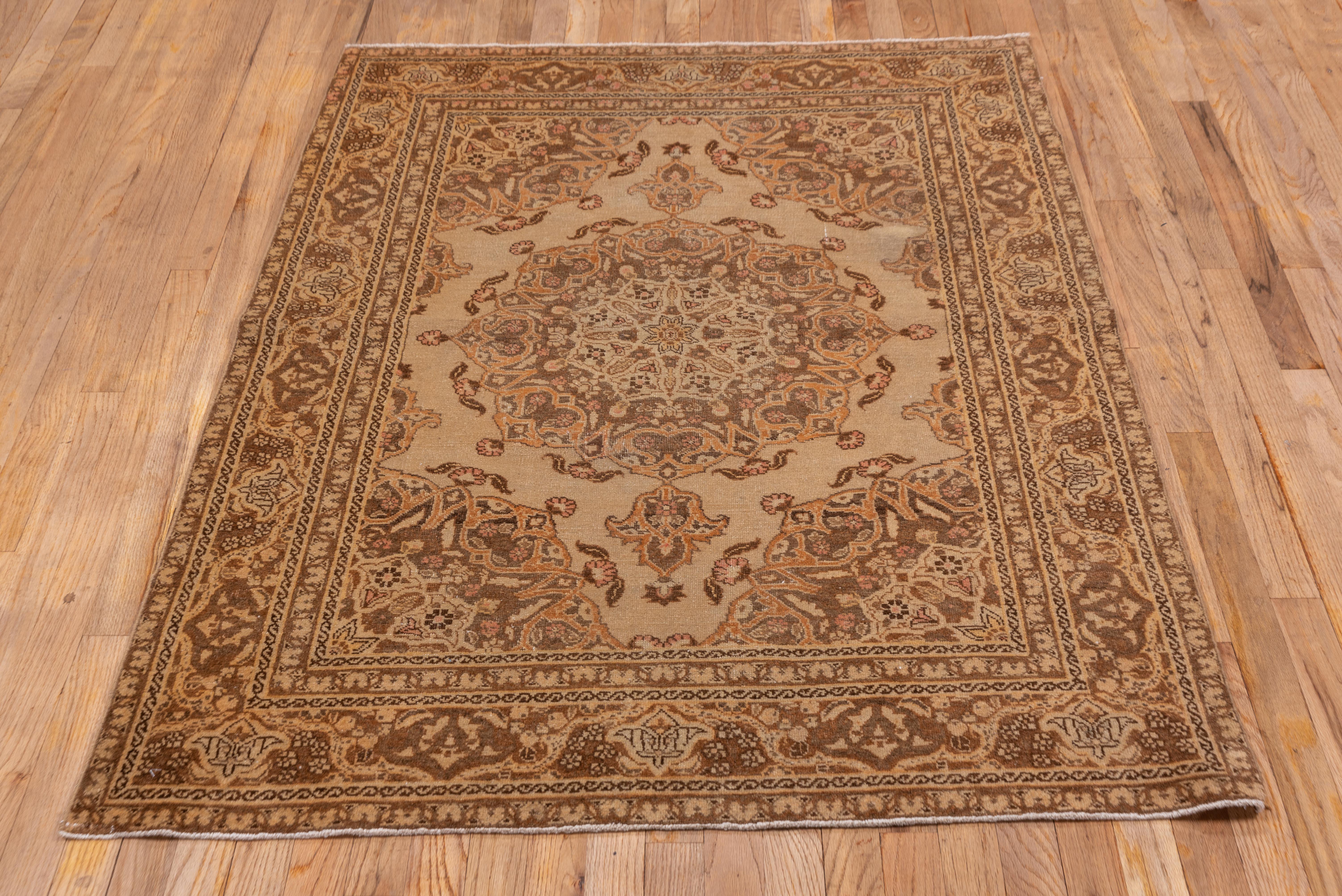 Antique Tabriz Rug in Central Muted Khaki Medallion with Florets For Sale 2