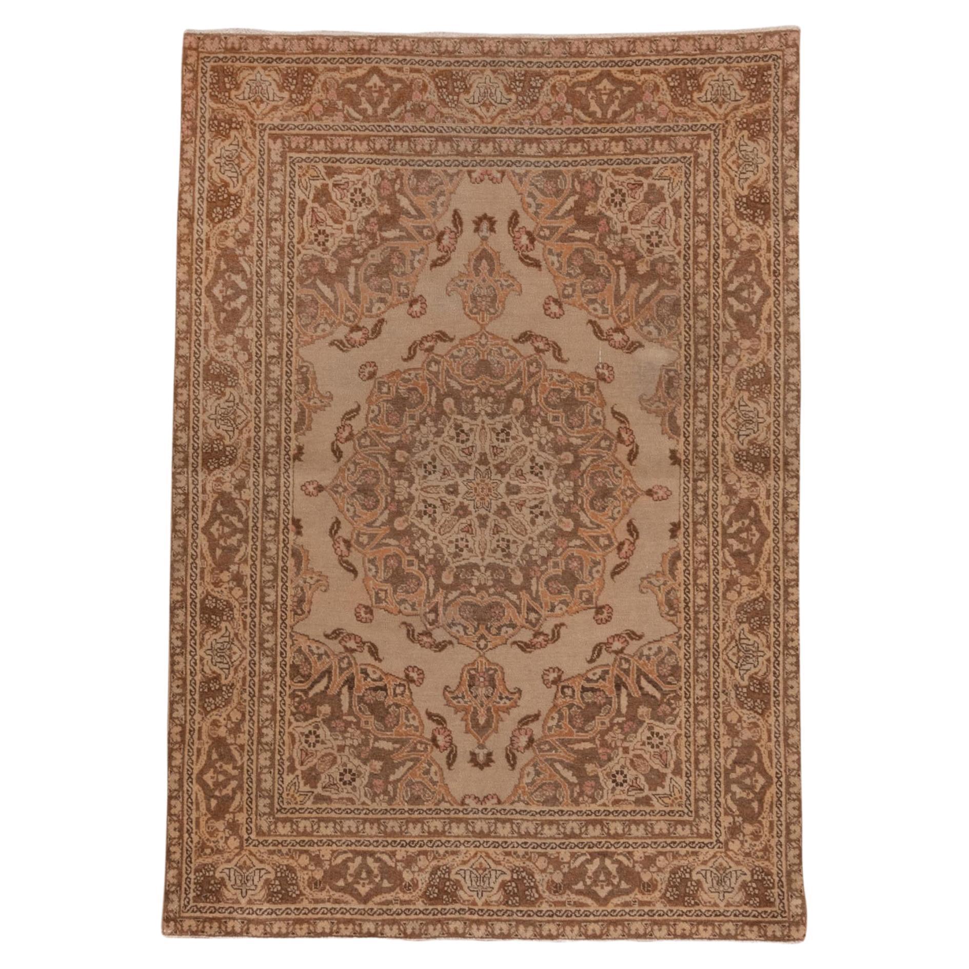 Antique Tabriz Rug in Central Muted Khaki Medallion with Florets For Sale