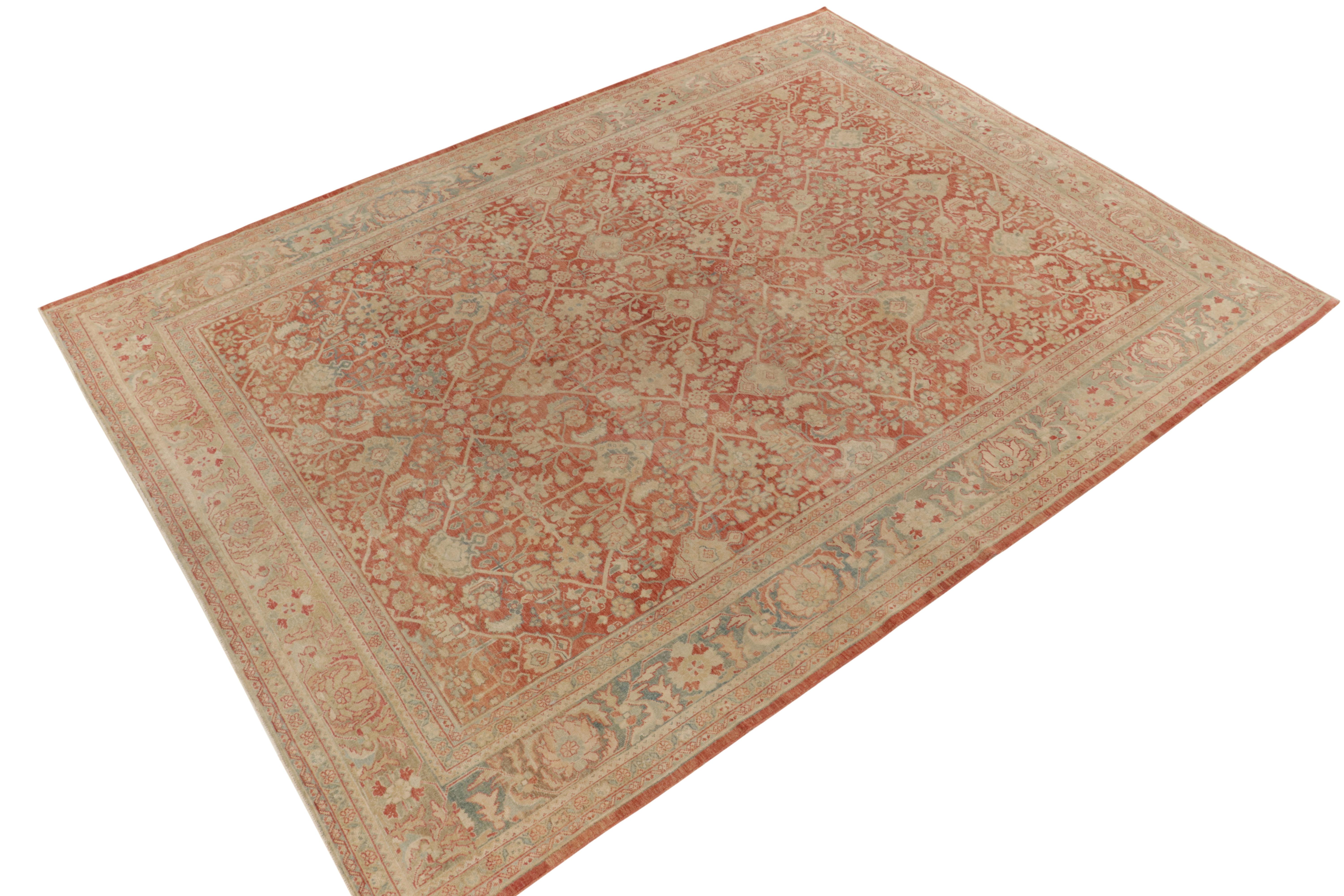 Hand-knotted in wool, a 9x12 antique Tabriz rug originating circa 1920-1930, among the most coveted styles of Persian carpets. 

On the Design: This piece enjoys an elaborate, dense floral pattern in rustic beige-brown and blue atop a tasteful,