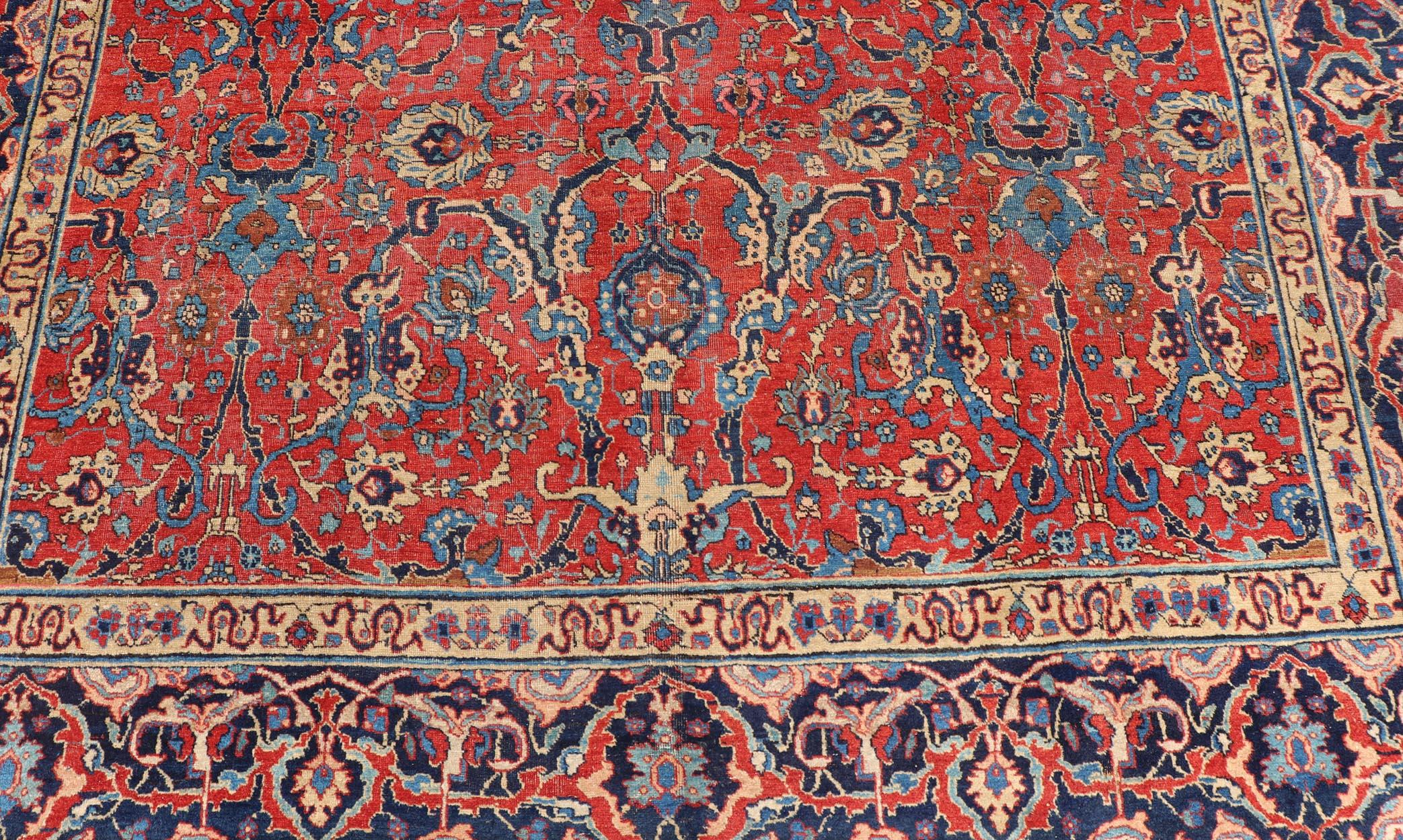 Antique Tabriz Rug with All Over Design in Rust Red, Blue's, Yellow, and L. Blue For Sale 2