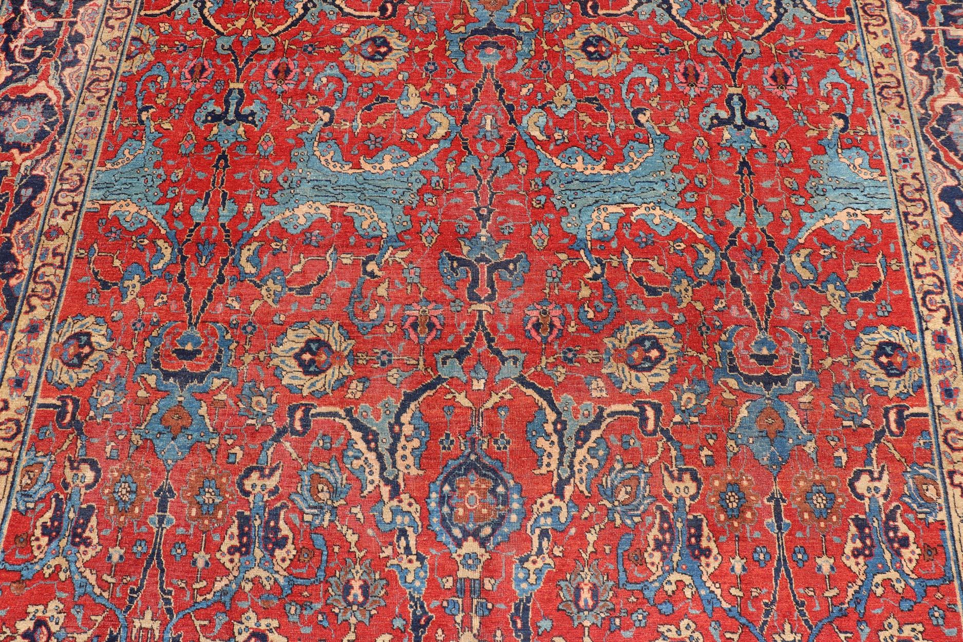 Antique Tabriz Rug with All Over Design in Rust Red, Blue's, Yellow, and L. Blue For Sale 3
