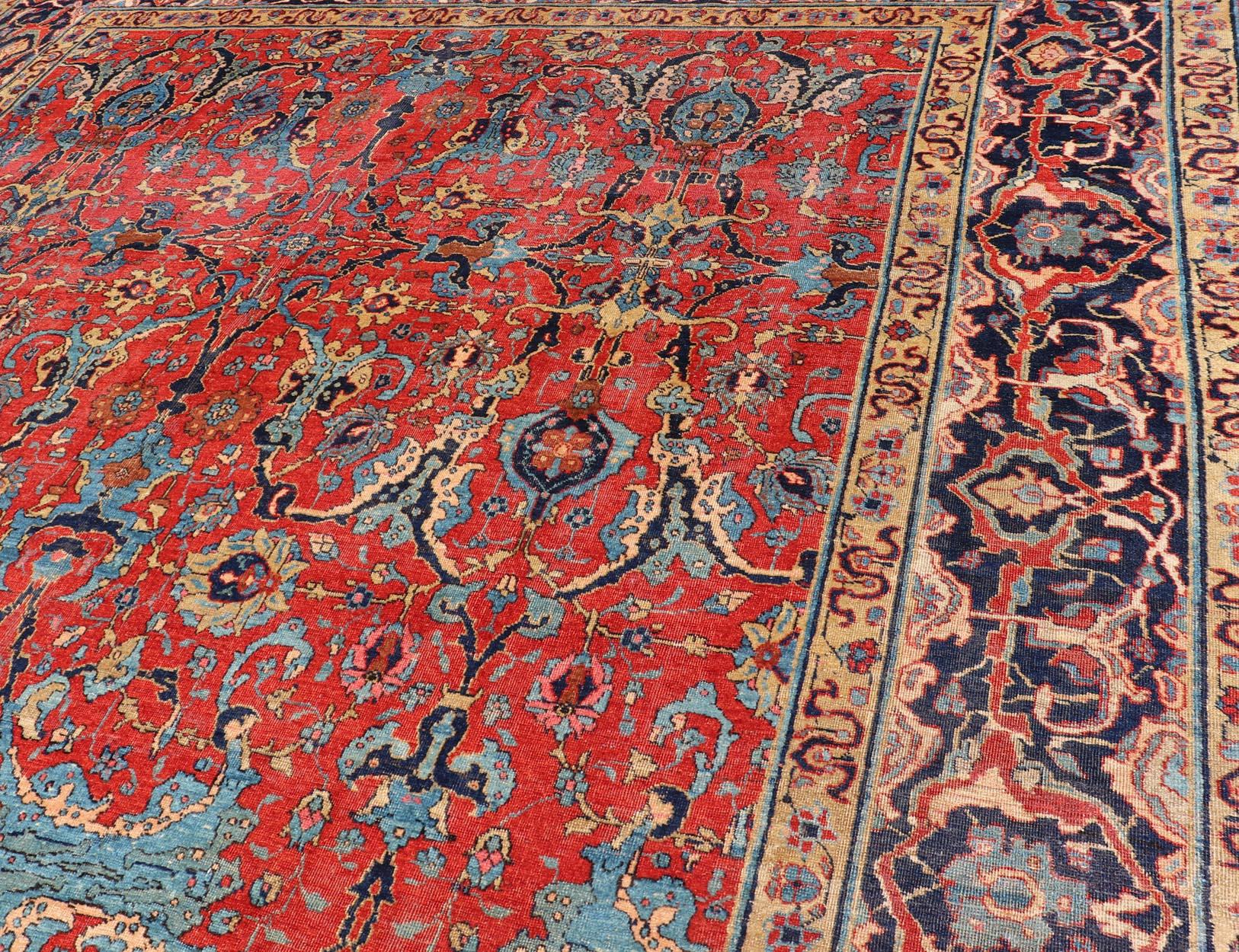 Antique Tabriz Rug with All Over Design in Rust Red, Blue's, Yellow, and L. Blue For Sale 4